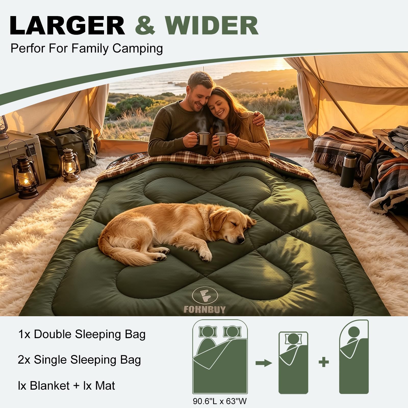 Saco de Dormir Doble Franela para Adultos, 230 x 160 cm | 4 Estaciones, para 2 Personas, impermeable, Cuatro Cremalleras Dobles, Ideal para, camping, caza y viajes en coche, 4.0 kg