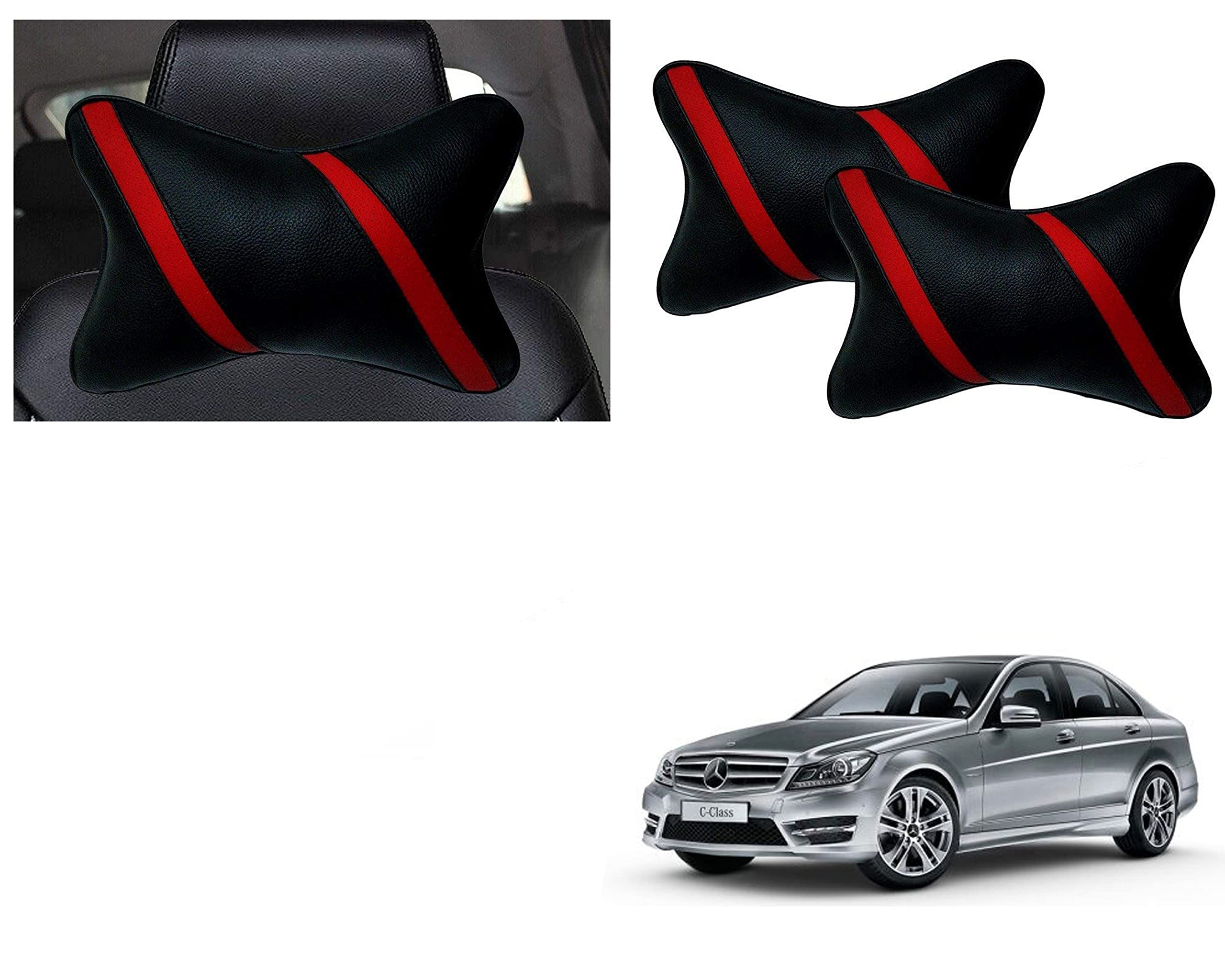 EXCHANGE CARTRENDING Car Neck Rest Pillow/Cushion Set Pillow Compatible with Mercedes Benz C-Class, Black & Red - Set of 2