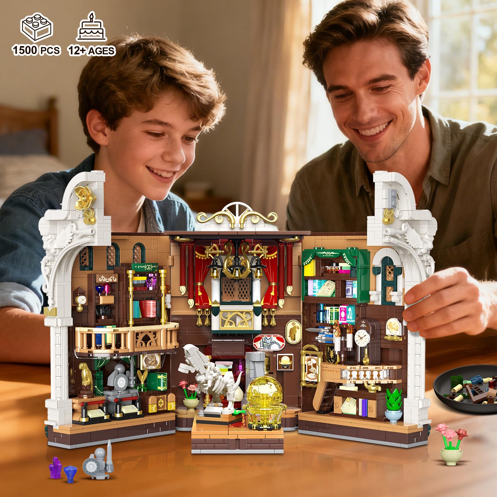 INSOON Dinosauriermuseum Book Nook Bauspielzeugset für Erwachsene mit Licht | DIY Booknook Klemmbausteine Baustein Set Haus Dekor, 1500 Stück Miniatur Haus Bauset Geschenk für Kinder Mädchen Jungen 12+