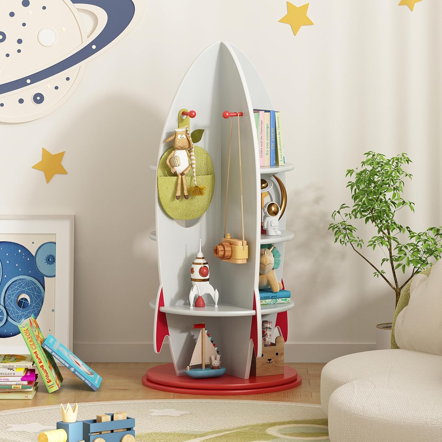BVIUNTWO Kids Rocket Bookshelf, 360 Rotating Toy Storage Organizer, Multi-Tier Children's Bookcase with Hooks for Playroom & Nursery, Space-Themed Corner Display Shelf for Toddlers, Boys & Girls