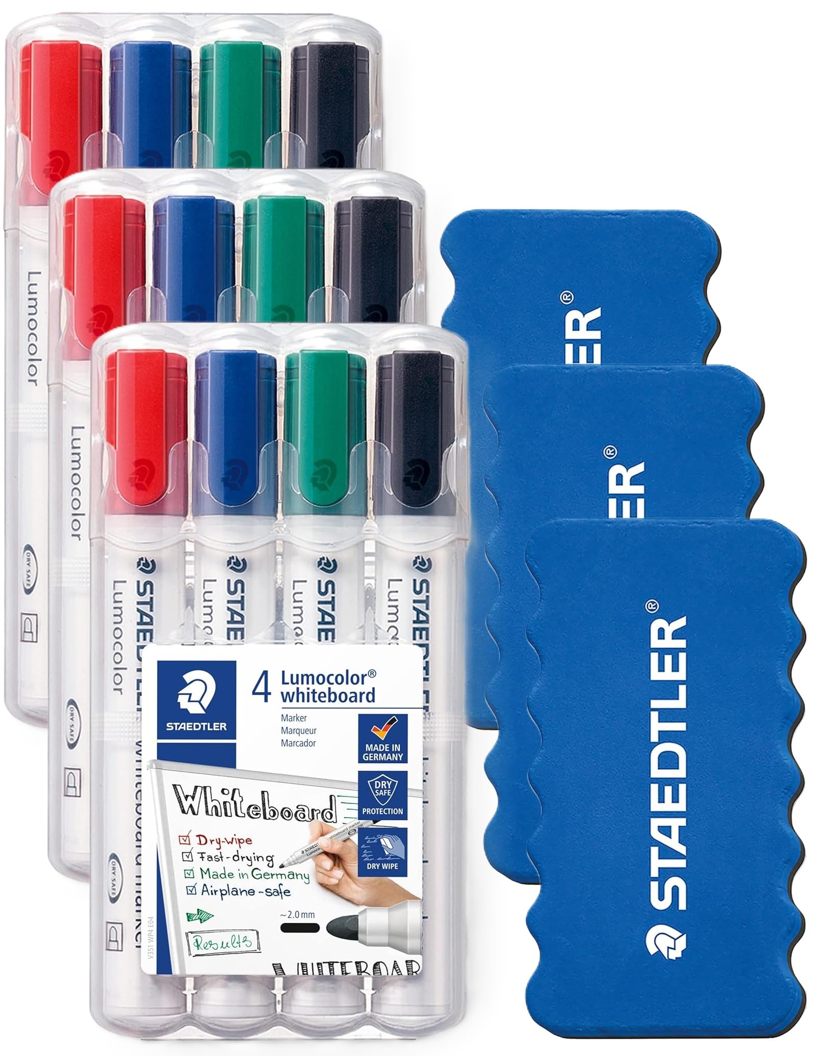 STAEDTLER Whiteboard Marker Lumocolor, ca. 2 mm Linienbreite, trocken und rückstandsfrei abwischbar von Whiteboards, hohe Qualität, Set mit 4 Markern inklusive Schwamm, 351 WP4P1X (3 stück (4er Pack))