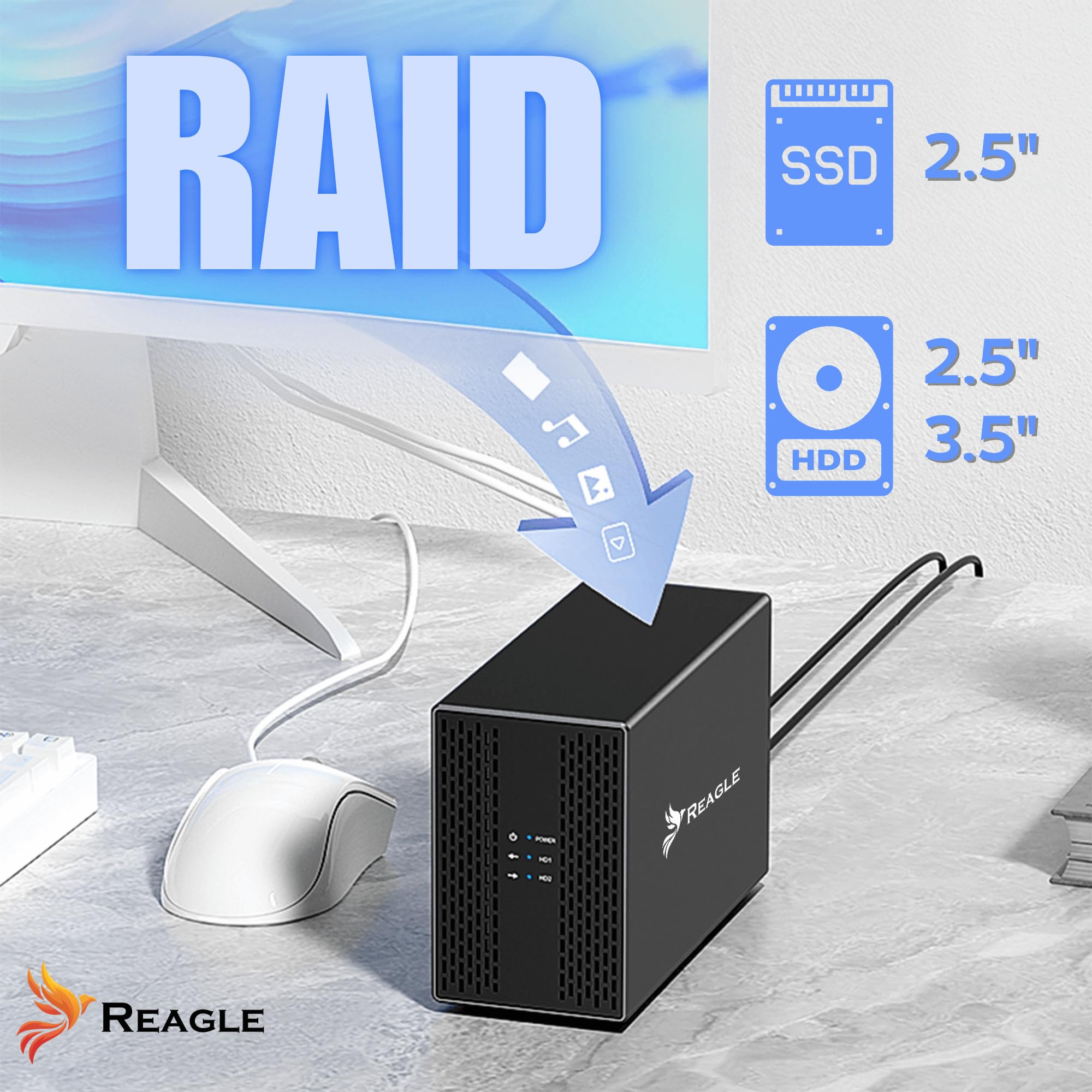 REAGLE Obudowa dysku twardego RAID JBOD PM 2,5 cala 2 x 3,5 cala, SATA III USB 3.2 obudowa HDD SSD III, 40 TB, UASP i Trim obsługa, zasilacz 12 V/3 A 36 W, obudowa dysku twardego