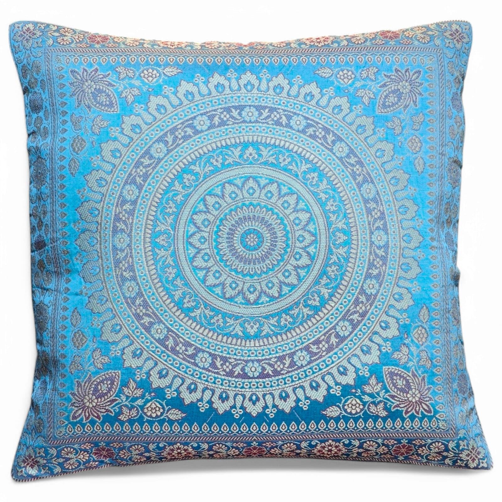 Original Kikan Indian patchwork mandala sari ethnic silk Banarsi cushion covers mandala 16"x16" (blue)