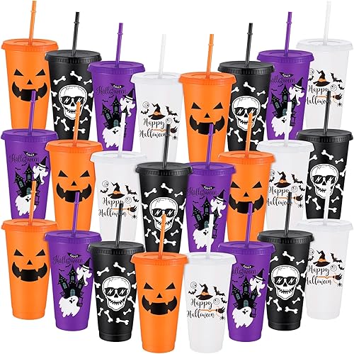Umigy 24 vasos de plástico de Halloween con tapas y pajitas, 4 estilos de calabaza, fantasma, cráneo, murciélago, vasos reutilizables para fiestas