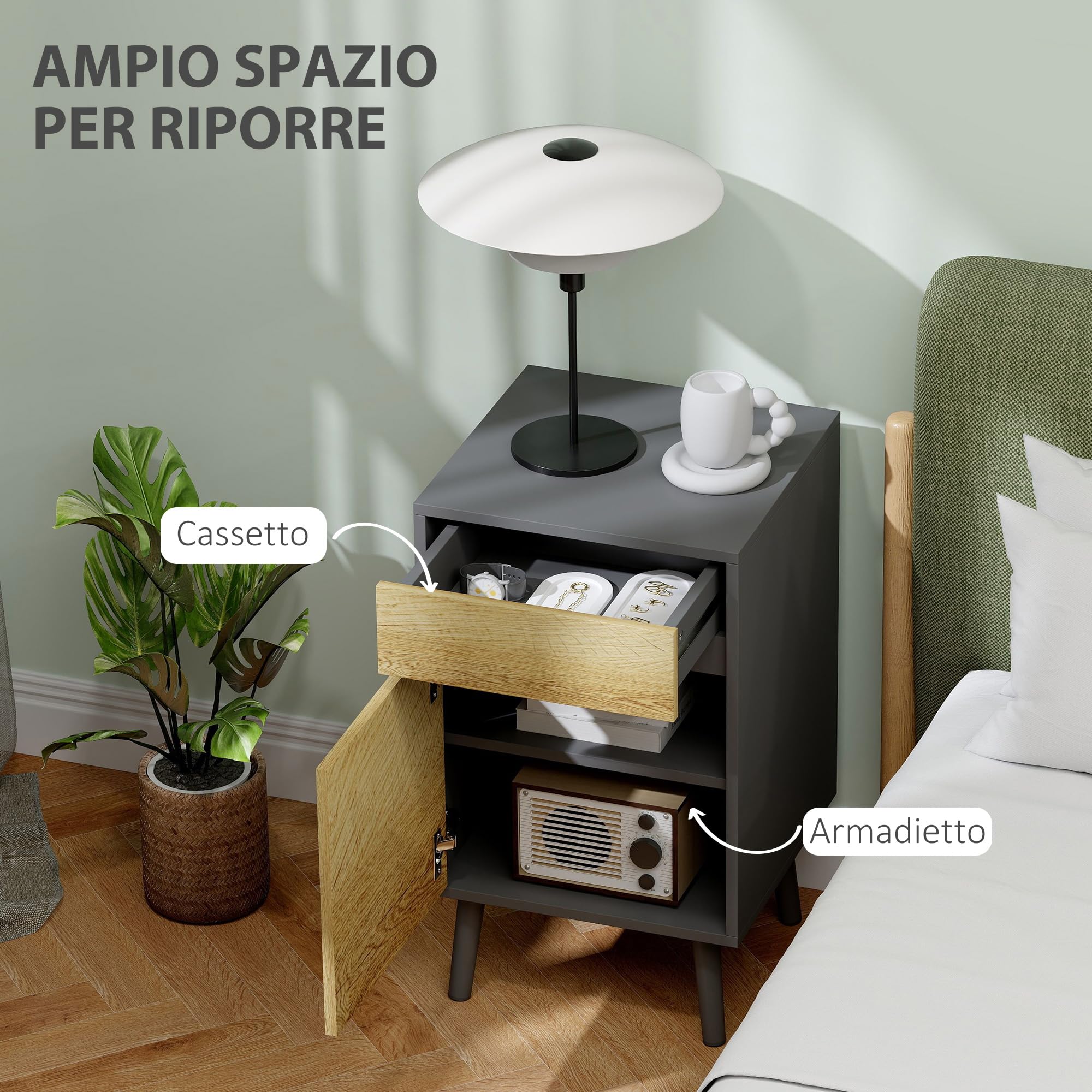 HOMCOM Comodino Camera da Letto con Cassetto Grigio Scuro e Color Legno