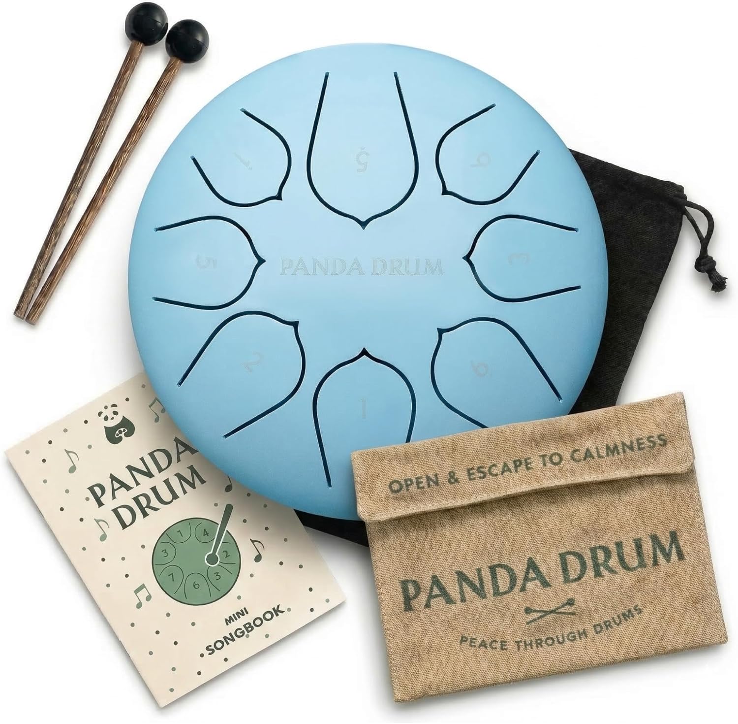 Panda Drum Mini (Blue) for Kids 1-4 Years Old | Steel Tongue Drum with Music Book, Mallets, Bag & Finger Picks | Hand Pan for Inside & Outside | Sound Healing Instruments | 6 Inch, 432 Hz