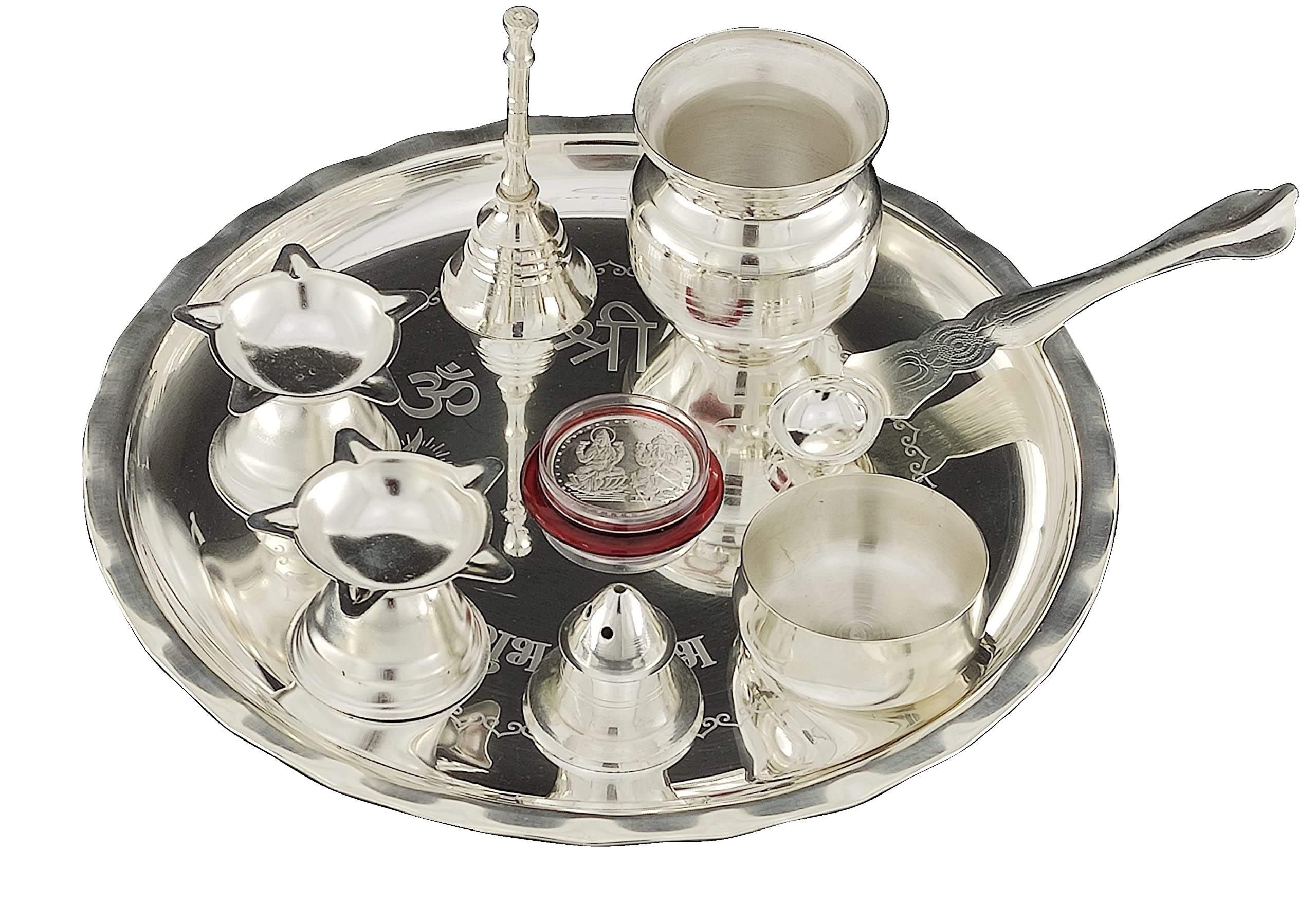 Silver Plated Pooja thali Set 8 Inch Plate Diya Ghanti Kalash Palli Bowl Dhup Dan Ganesh Lakshmi Coin Puja Thali for Diwali Home Mandir Office Festive Wedding Return Gift Items