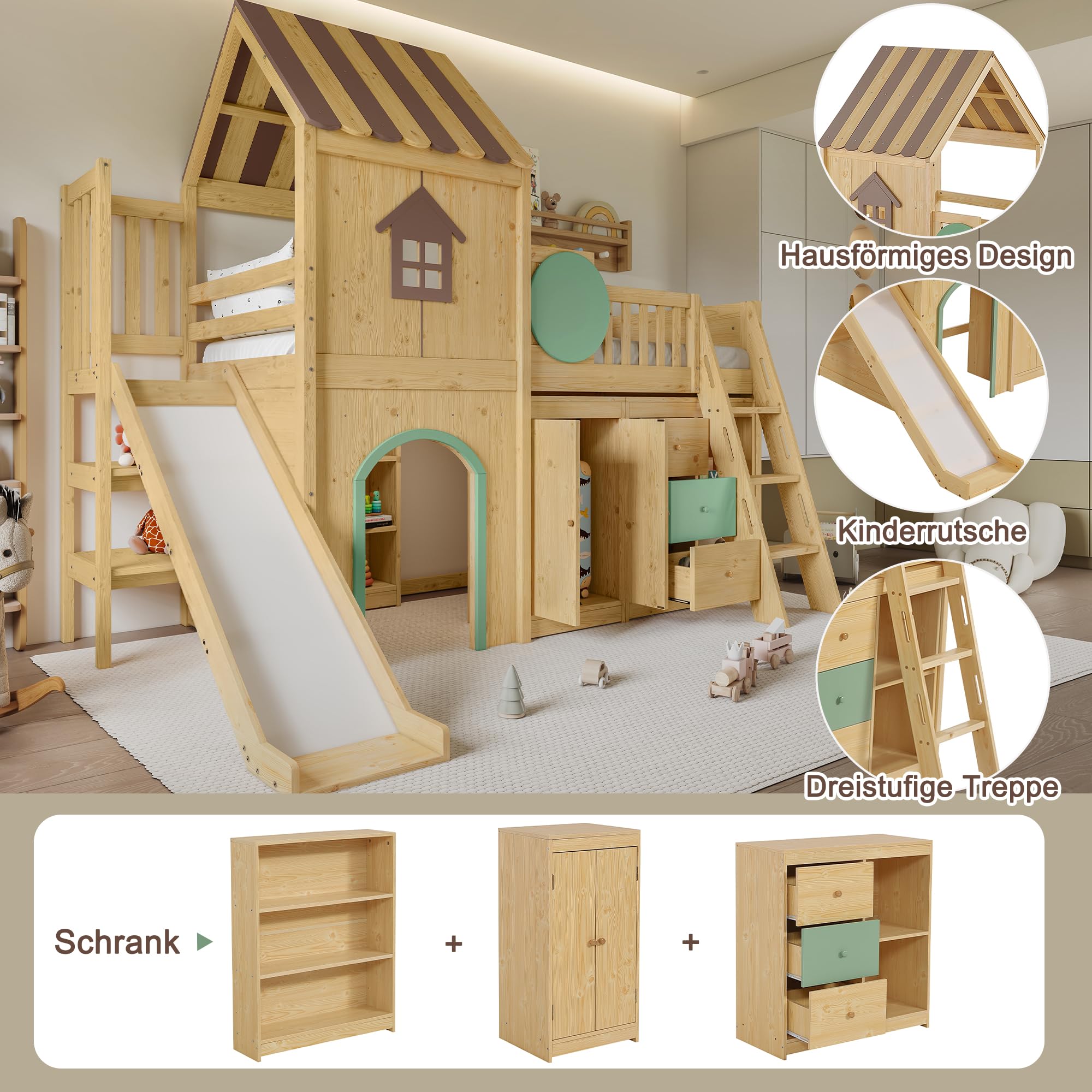 Su & Chan Legence Hochbett 90x200 cm mit Rutsche für Kinder, Hausbett mit dreistufiger Treppe, Kleiderschrank und Schubladen, aus Kiefernholz, in Grün und Naturholz