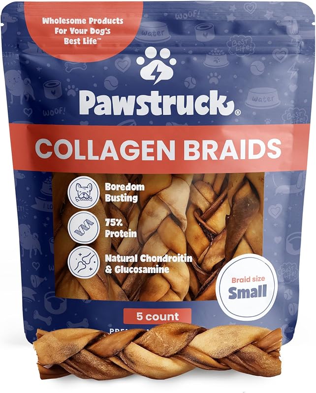 Pawstruck Natural 5-7” Beef Collagen Braids for Dogs – Long-Lasting Rawhide & Bully Stick Alternative, with Chondroitin & Glucosamine – 5 Pack | Long-Lasting Chew for Small Dogs and Power Chewers, Supports Dental Health & Joint Health, Alternative to Traditional Rawhide