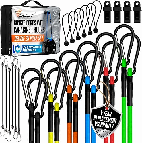 28 cuerdas elásticas con ganchos, mosquetón, cuerdas elásticas resistentes al aire libre, juego de cuerdas elásticas de varios tamaños, incluye