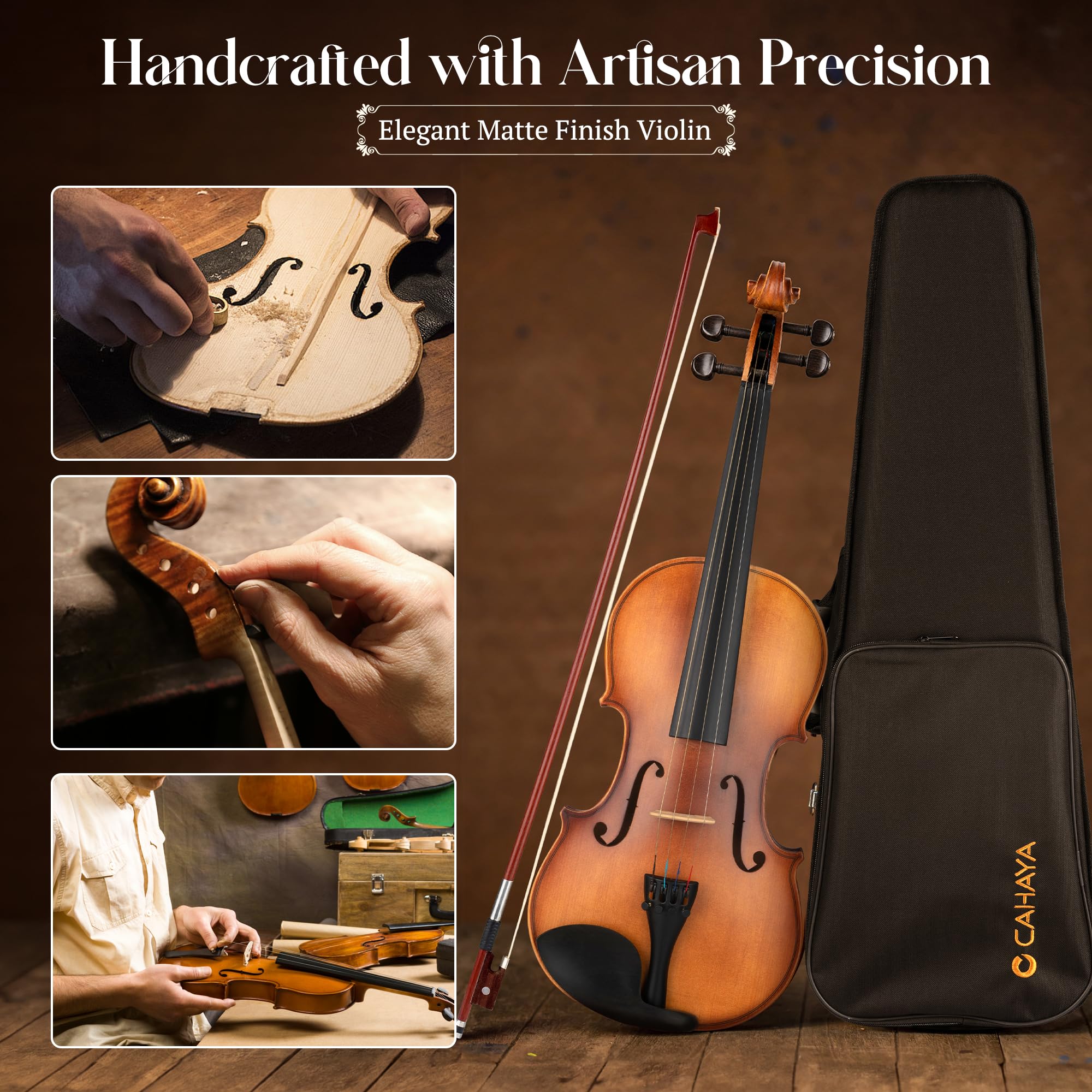 CAHAYA Violín 4/4 de Madera Maciza – Set Completo Hecho a Mano para Principiantes, Estudiantes y Adultos, con Estuche, Arco, Hombrera, Afinador y Resina