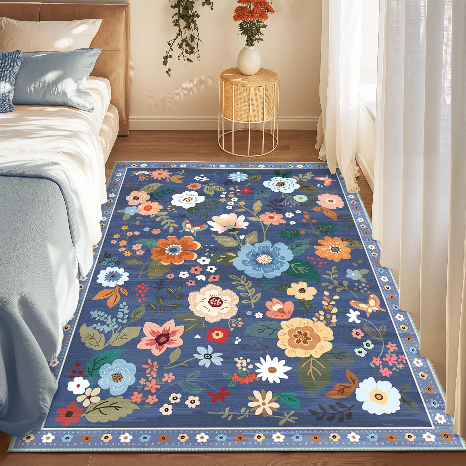 RELEANY Floral Nursery 4x6 Area Rugs Washable Print Boho Cute Carpet Non Slip Flower Low Pile for Living Room Kids Girls Playroom Bedroom Kitchen