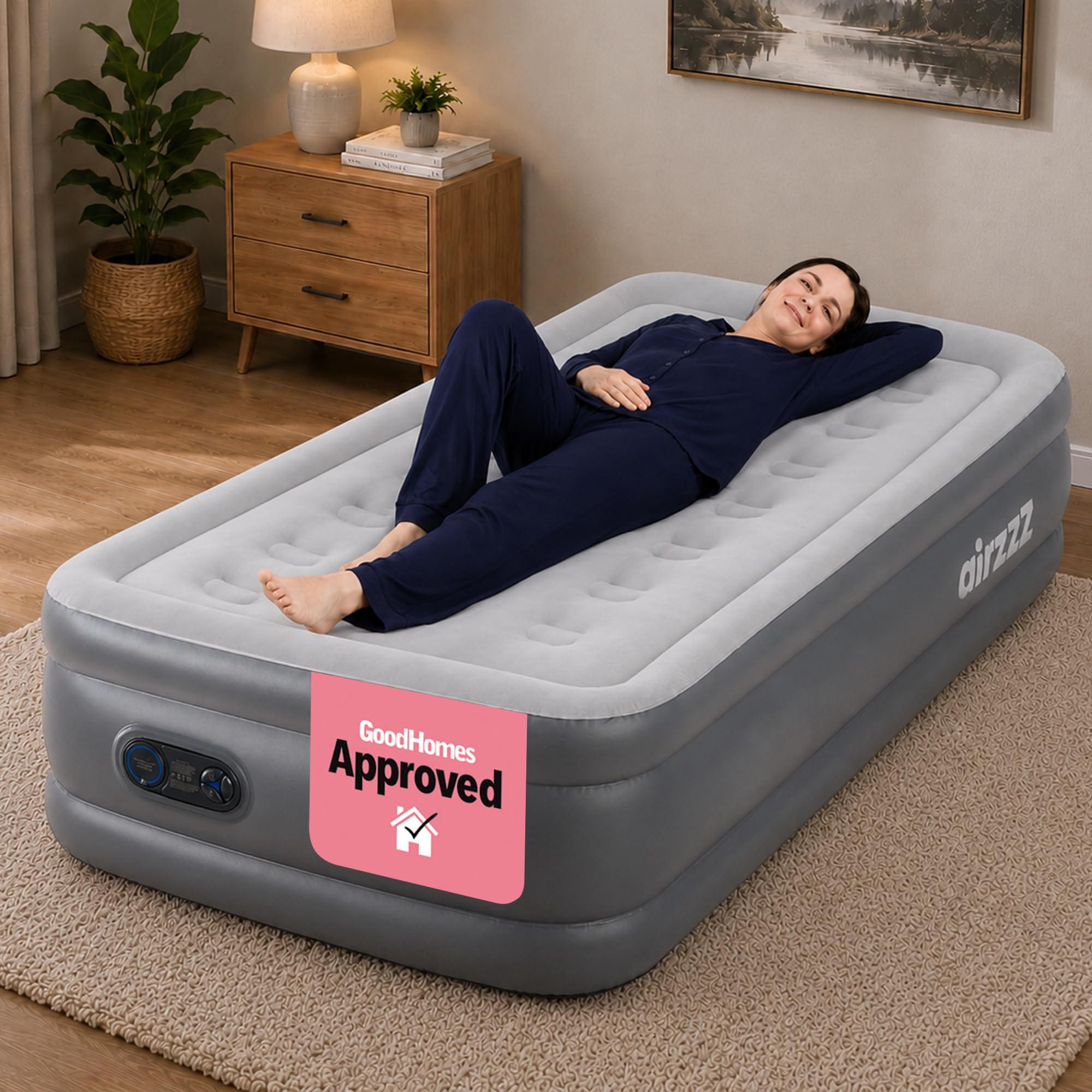 airzzZ SlumberPlus Single Airbed with Built-In Pump - Inflatable Mattress Blow Up Bed - Quick Self Inflation & Deflation Blow Up Mattress - Air Mattress for Home and Camping with Carry Bag (Grey)
