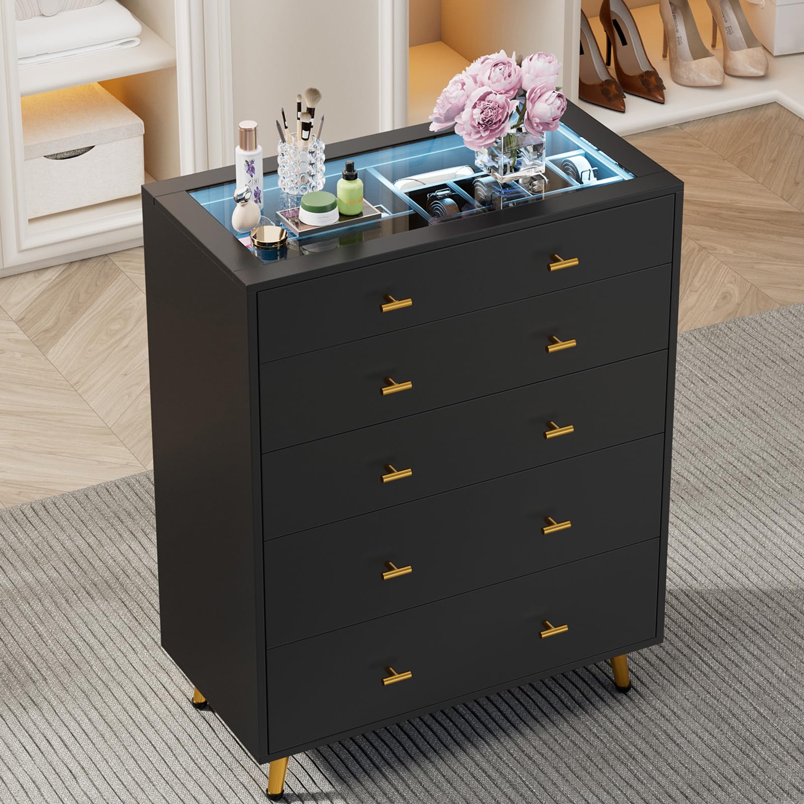 black glass top dresser Amazon.com: JanflyHome Closet Island with LED Lights, 38