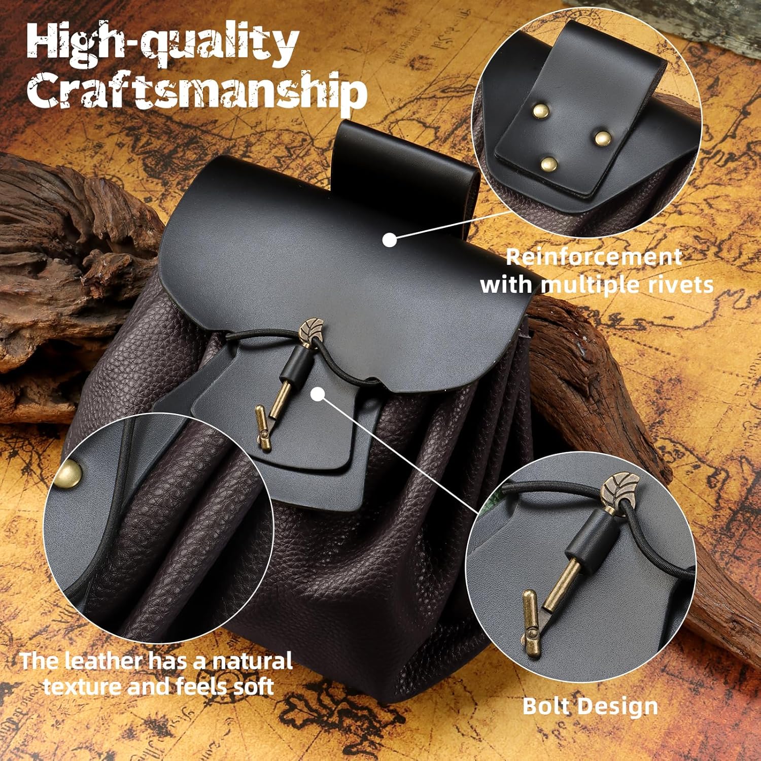 Renaissance Belt Pouch,Women Viking Medieval Waist Bag for Ren Fair Faux Leather Costume Accessories (Brown) - Image 4