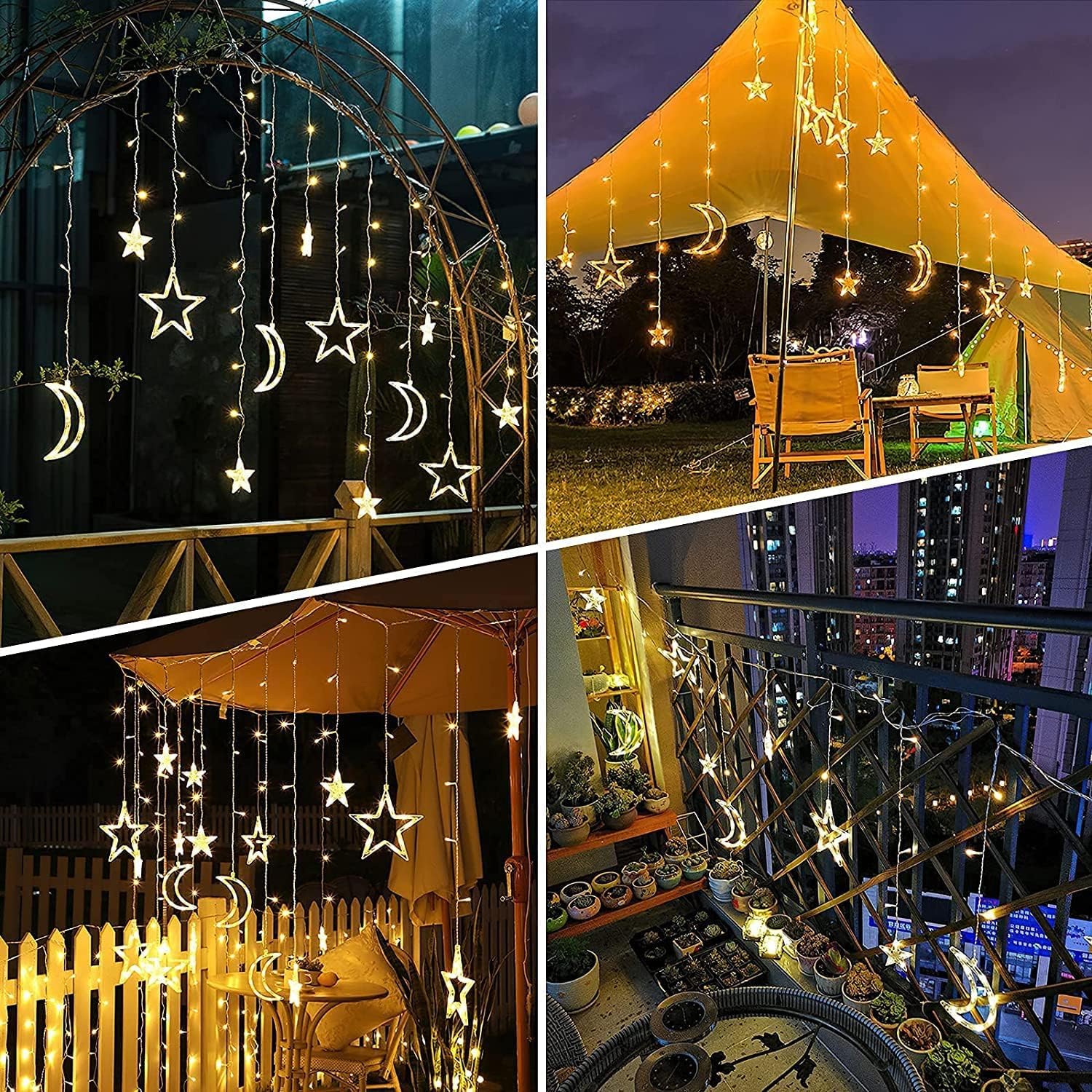 Stringa di luci solari per esterni, a forma di stella e luna, 8 modalità, 138 LED, con telecomando, impermeabile, decorazione per Natale, matrimoni, feste, casa, patio (acqua)