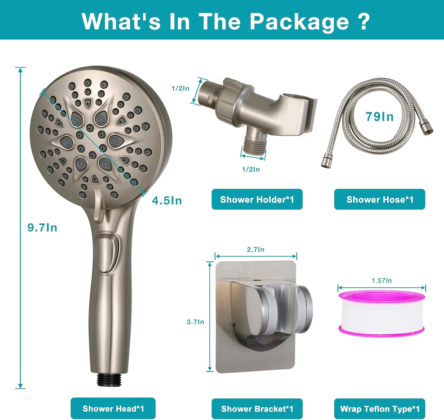 GwernKB Handheld Shower Head with on off Switch&Built-in Power Spray,7-Setting High Pressure Shower Wand with 79in Long Hose&Bracket and Extra Adhesive Shower Holder for Lower Mount,Brushed Nickel
