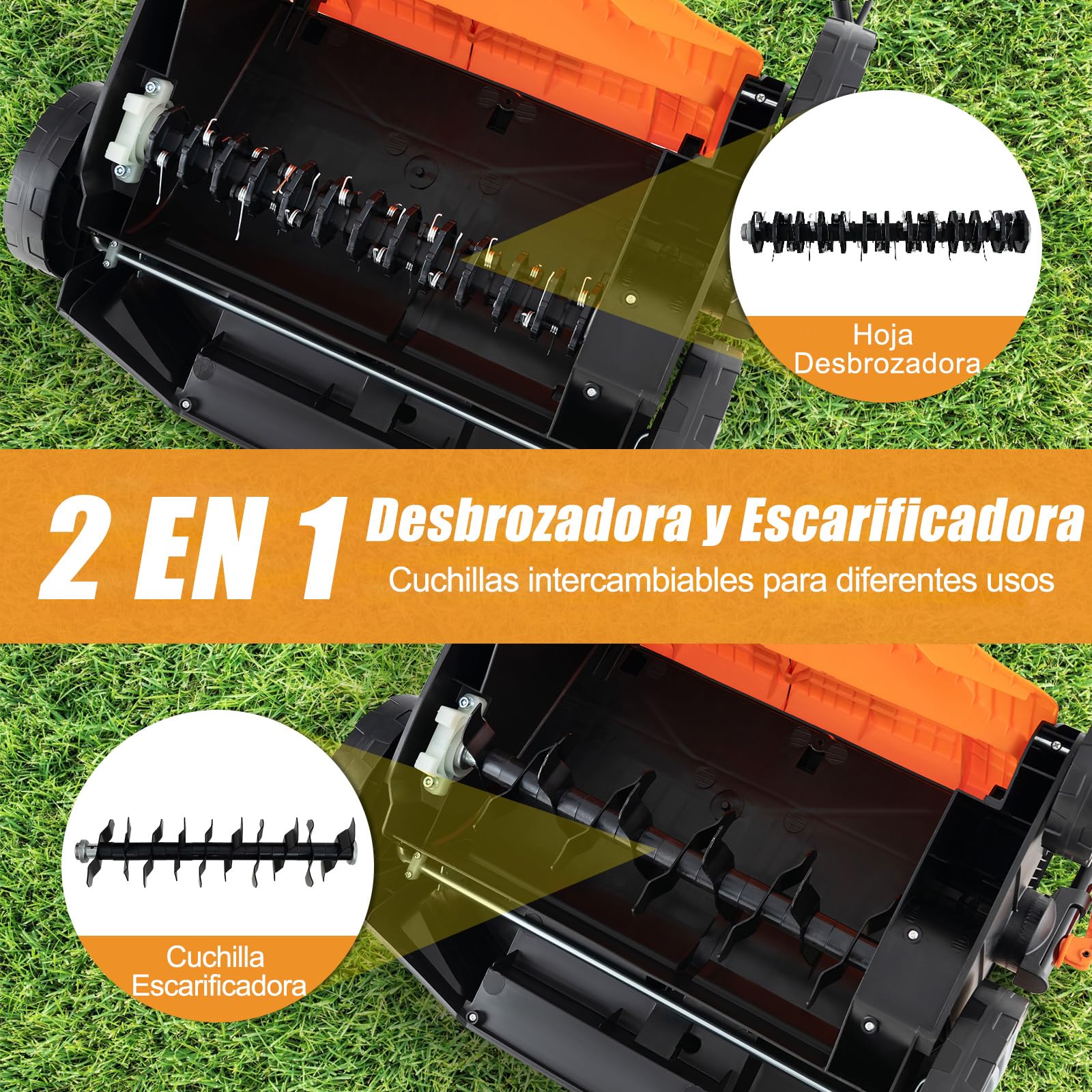 GOPLUS Escarificador Eléctrico, Cortacésped de Empuje con Ajuste de Profundidad de 5 Posiciones, Bolsa de Recolección Desmontable 55 L, Rastrillo Eléctrico Plegable para Cuidado del Césped (Naranja)