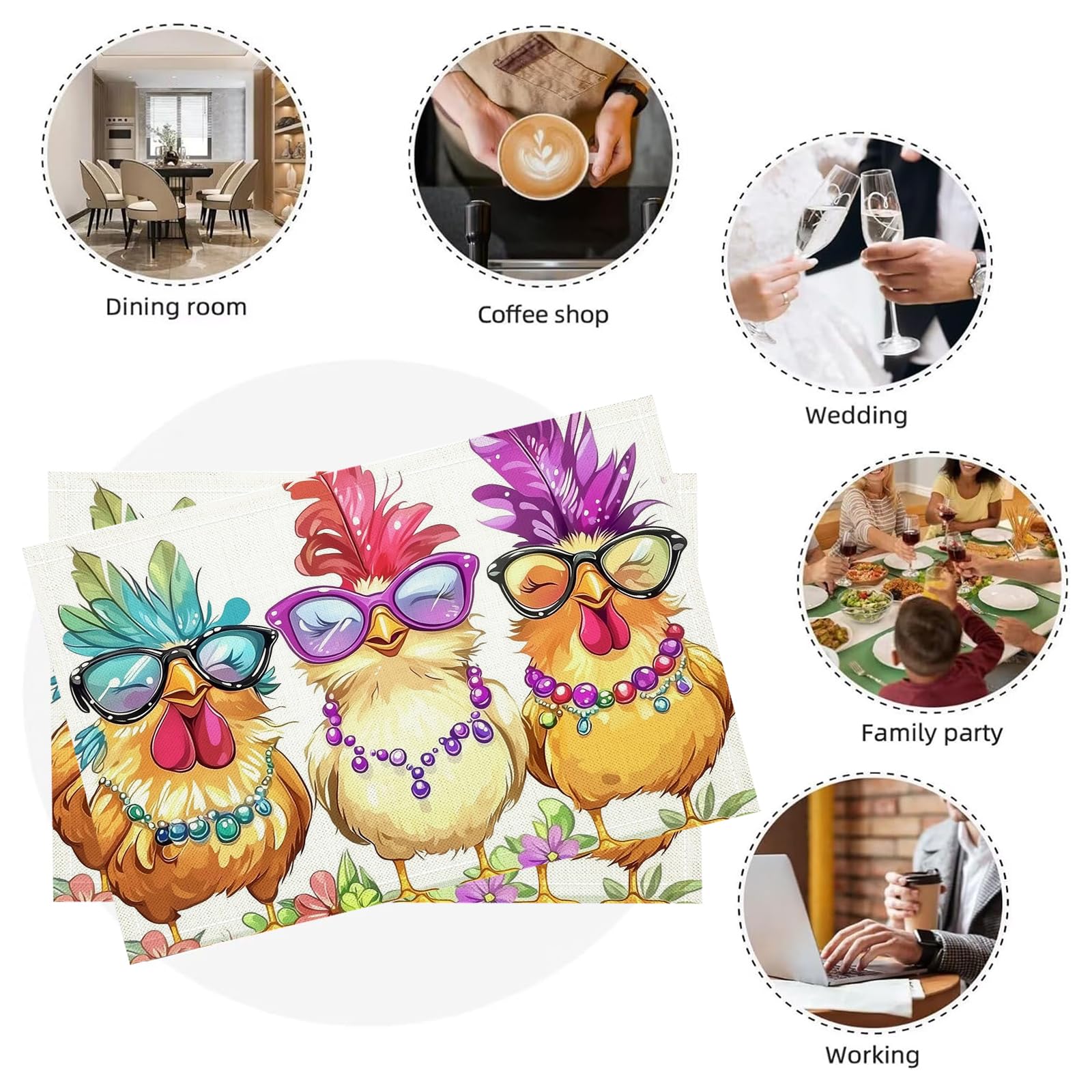 Tovaglietta Americana Fumetto in Cotone Lino Rettangolare - Tovagliette Set di 8 Tre polli Resistente al Calore per La Cucina, Il L'Ufficio, 30 x 45cm