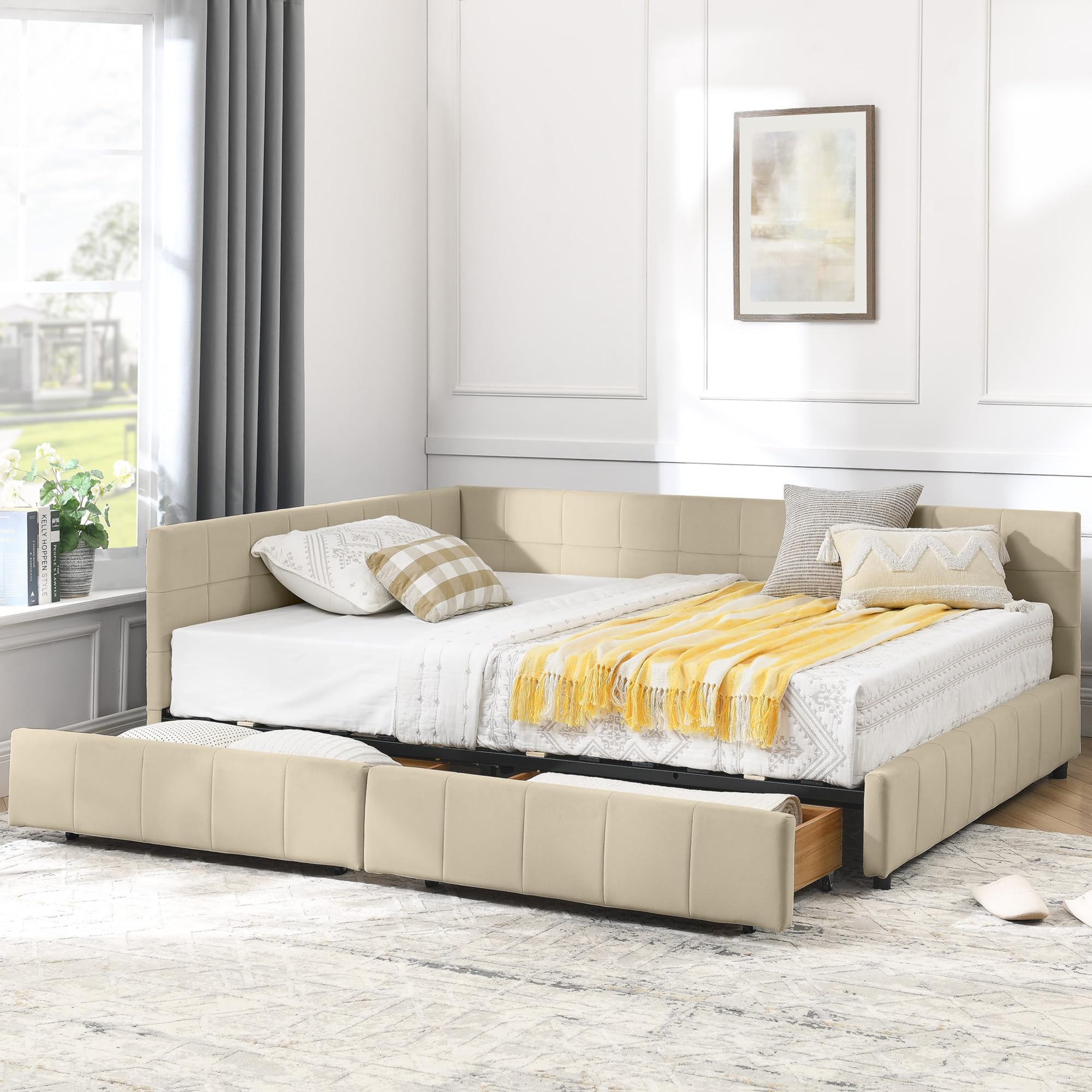 Bellemave Full Size Corner Bed Frame with Storage Drawers, Comfortable Backrest and Armrests, Velvet Tufted Corner Bed Frame Full Size, Upholstered