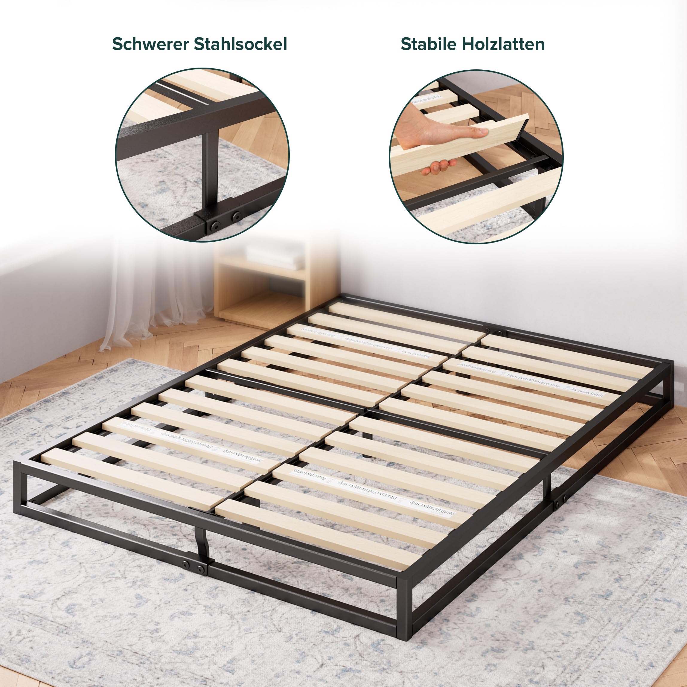 Zinus Joseph Bettgestell 140x200 cm - Metallbett 140x200 mit Lattenrost aus Holz - 15 cm Niedrige Bauweise - Kompakte Verpackung & Einfache Montage - Schwarz