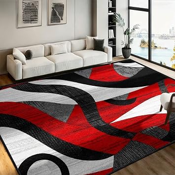 Abstract Area Rug 2x3, Modern Red Black White Geometric Rugs, Soft Washable Non-Slip Indoor Carpet, Contemporary Swirl Pattern Rug for Living Room Bedroom Dining Room Office Entryway