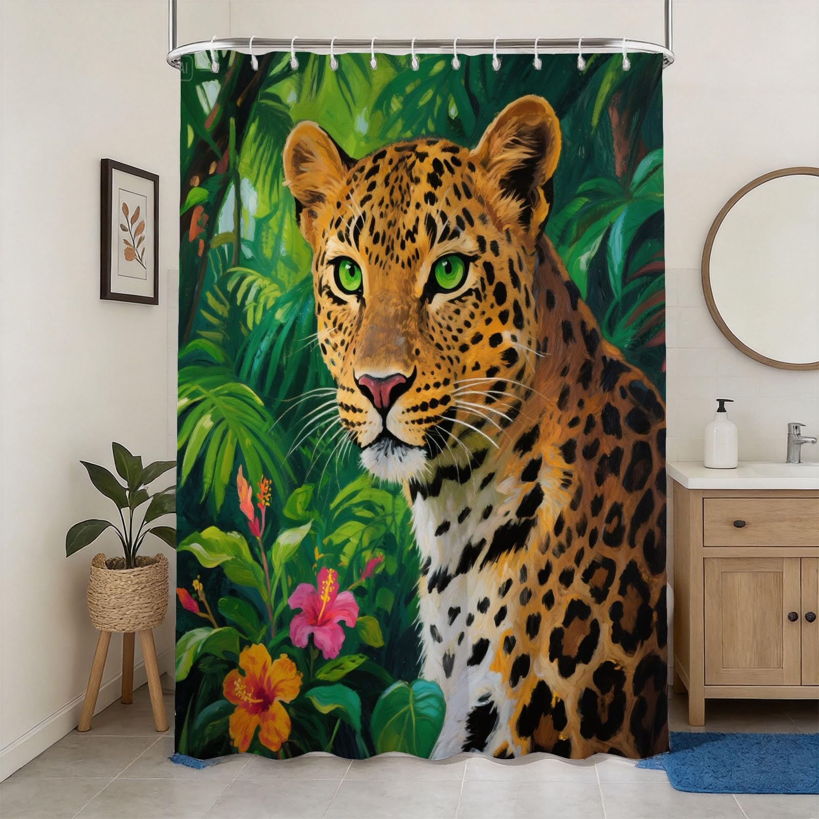 Hongduo 3D Jungle Leopard Shower Curtain for Stalls Bathtubs Flowers Print Bathroom Decor Shower Curtain Set Polyester Fabric Waterproof 200x200cm/79X79 Inch with Hooks
