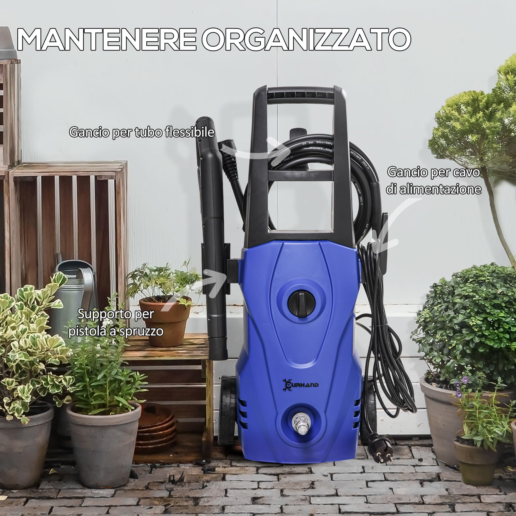 DURHAND Idropulitrice ad Alta Pressione 1600W con Kit Pulizia e Ugello Regolabile, Idropulitrice Professionale, Rame e Alluminio, Portata Max 390 l/h, 130 Bar, per Auto Giardino Casa, Blu e Nero