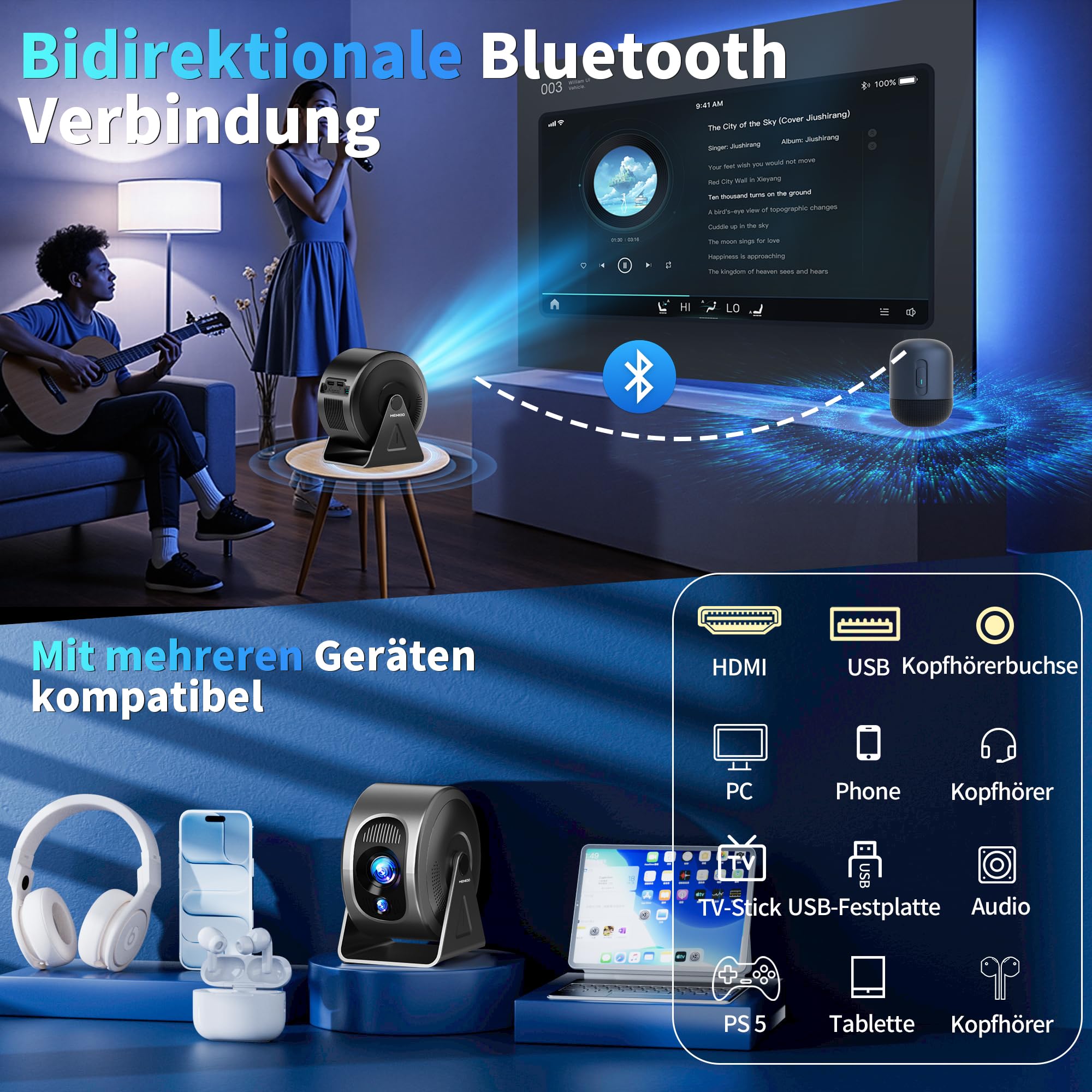 Mini proiettore [app integrate] Proiettore 4K 1080P, 2026 aggiornato Auto Focus & Auto Keystone 360 ° Proiettore portatile con WiFi 6 e Bluetooth 5.4 compatibile con HDMI/TV Stick/USB/laptop, grigio