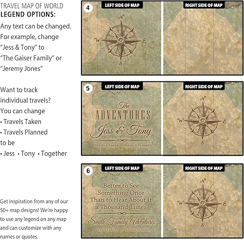 Miniatura 4 de HolyCowCanvas Mapa del mundo personalizado en lienzo en tonos tierra vintage, personaliza con tus nombres y cita para rastrear viajes, tablero de