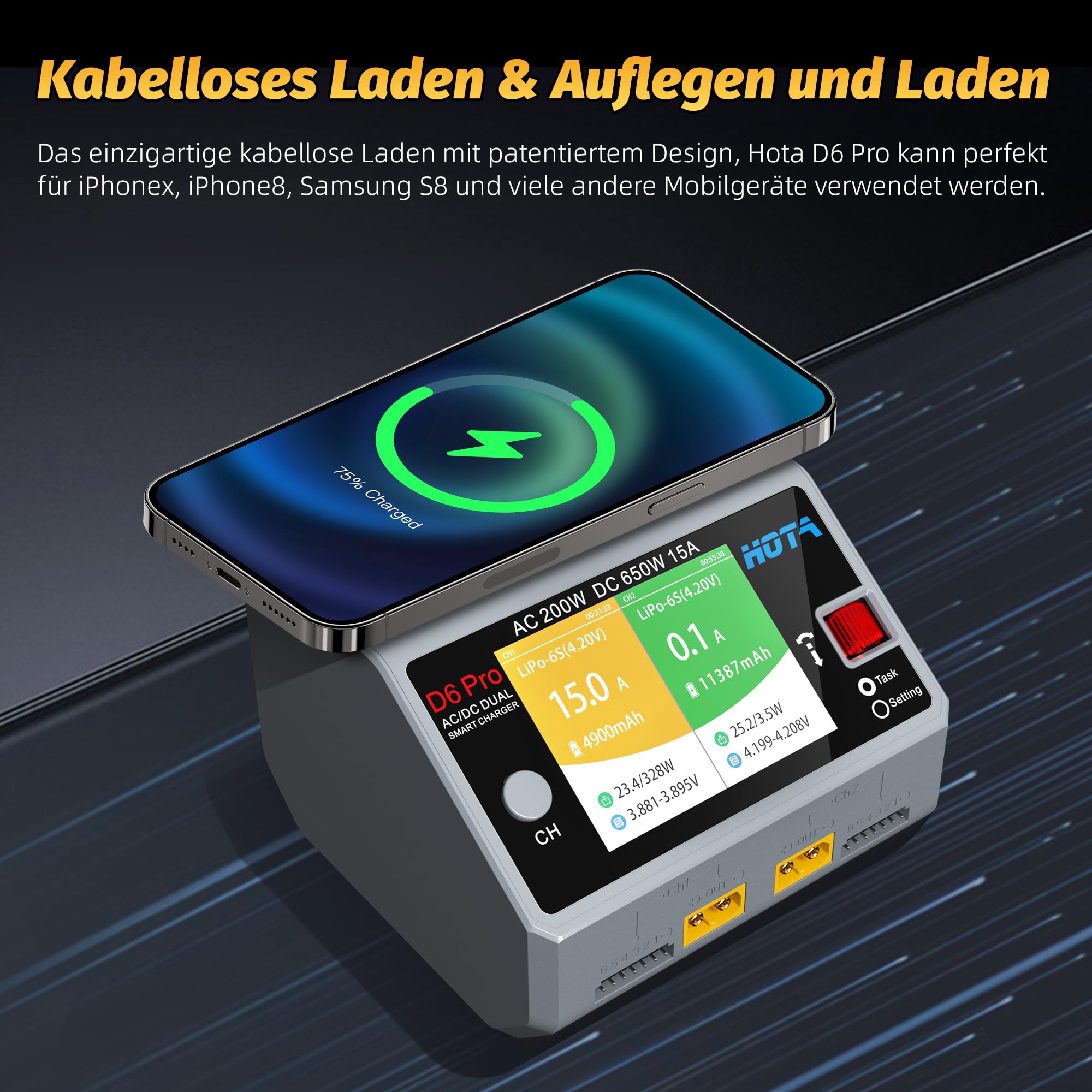 HOTA D6 Pro RC Akku Dual RC Ladegerät, AC200W DC 325W, 15A, Balance Ladegerät zum Laden von RC LiHv, Nicd und NiMH Akkus, RC Auto, RC Boot, FPV Renn Drohnenteilen