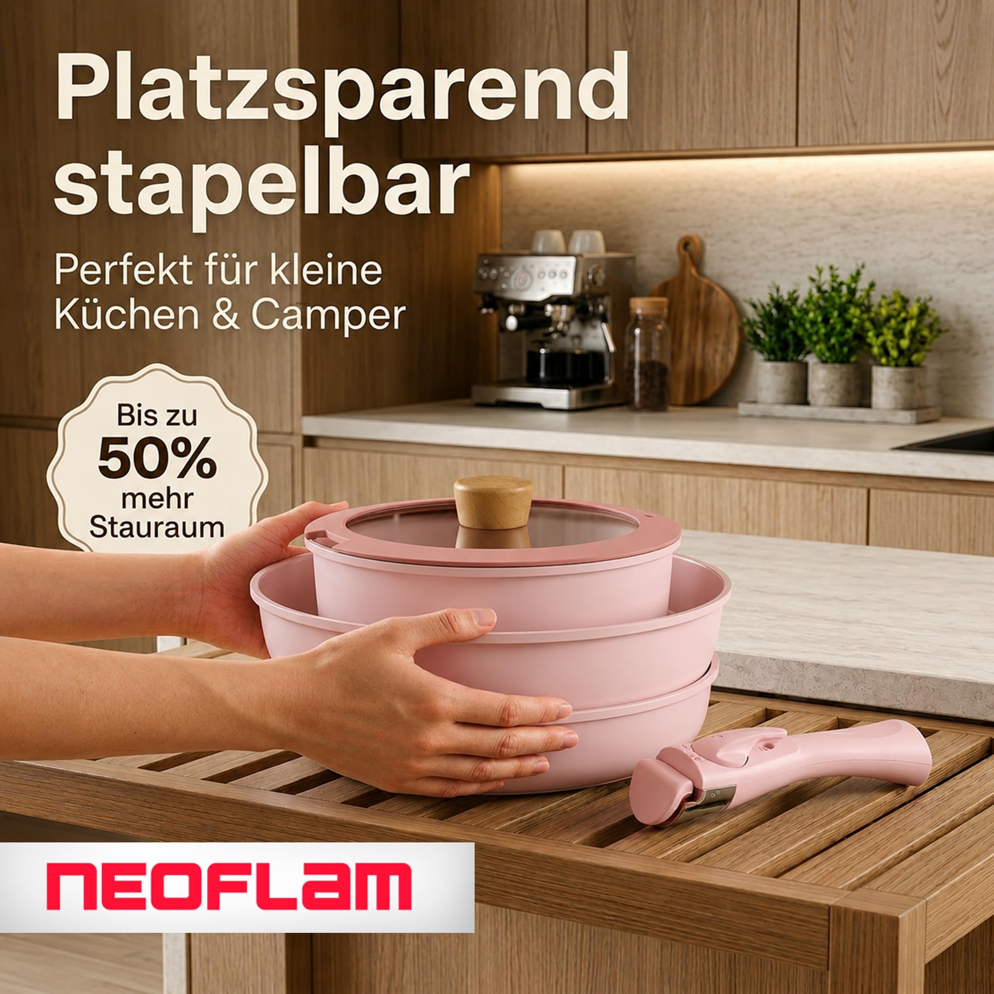 NEOFLAM® - Midas Plus Topf- und Pfannen-Set mit abnehmbarem Griff, 8-teilig, induktionsgeeignet, Keramik-Antihaftbeschichtung, PFAS-frei, backofenfest, leichte Reinigung