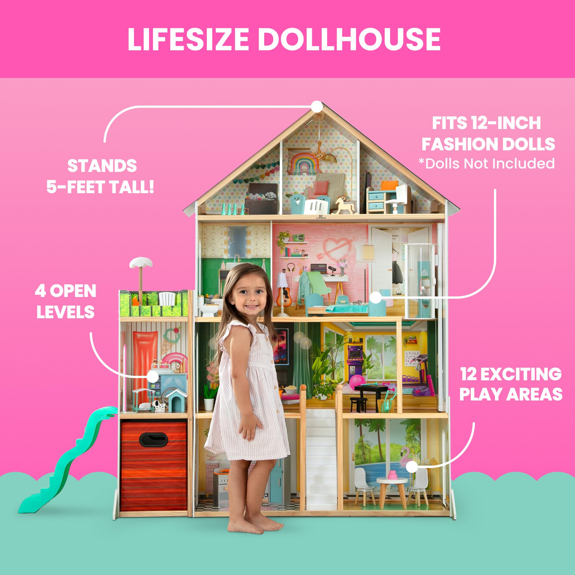 Delta Children Deluxe Maui domek dla lalek - duży 4-piętrowy domek dla lalek z 12 pokojami zawiera 50 akcesoriów - winda robocza, zjeżdżalnia falista, światła/dźwięki - pasuje do lalek 30 cm - prezent