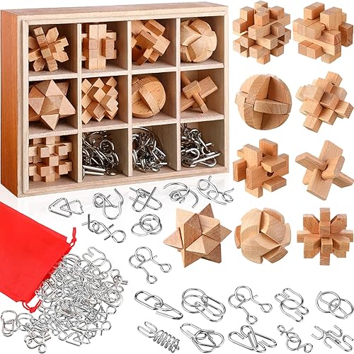 Yilloog Juego de 45 piezas de rompecabezas de madera 3D que incluye rompecabezas de metal y madera para desafiantes rompecabezas para adultos y