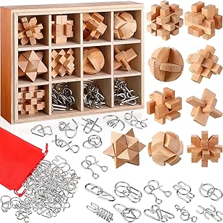 Yilloog 45 Pcs 3D Wooden Puzzle Brain Teasers Set Include Brain Teasers Metal and Wooden Puzzles to Challenging Puzzles for Adults and Brain Games for Kids Suit for Living Room