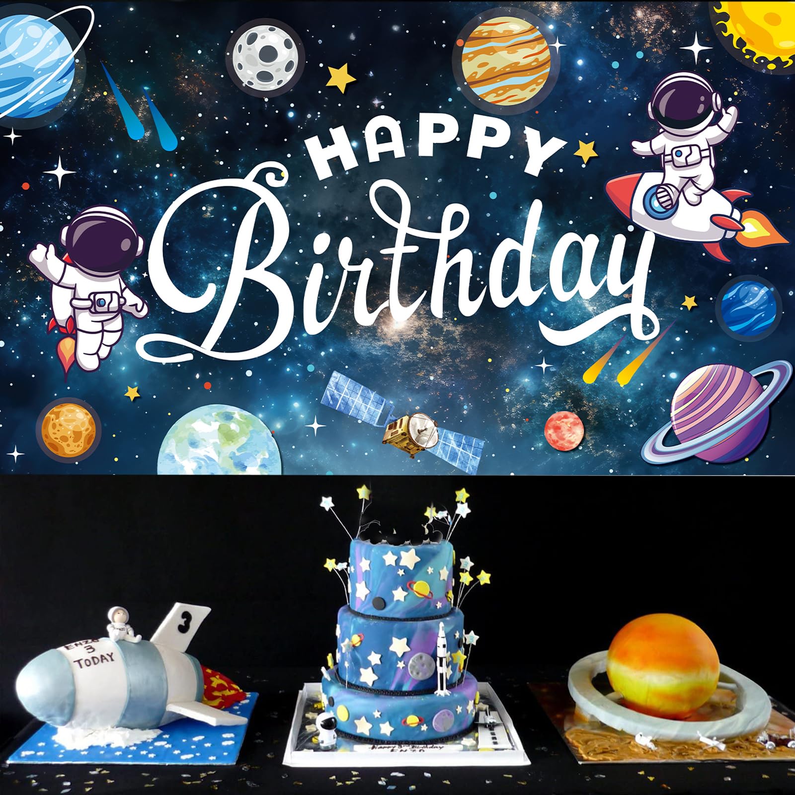 SMENGGIL Pancarta de feliz cumpleaños espacial telón de fondo para fotografía, suministros de decoración de fiesta de cumpleaños para niños, niñas, bebés, universo, planetas, galaxia solar,
