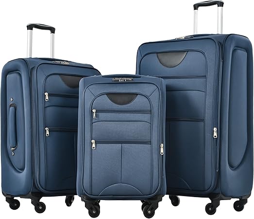 review Voohek Softside Expandable 3 Piece Set Suitcase Upright Spinner Softshell Lightweight Luggage, Dark Blue, 22-Inch, 26-Inch, 30-Inch