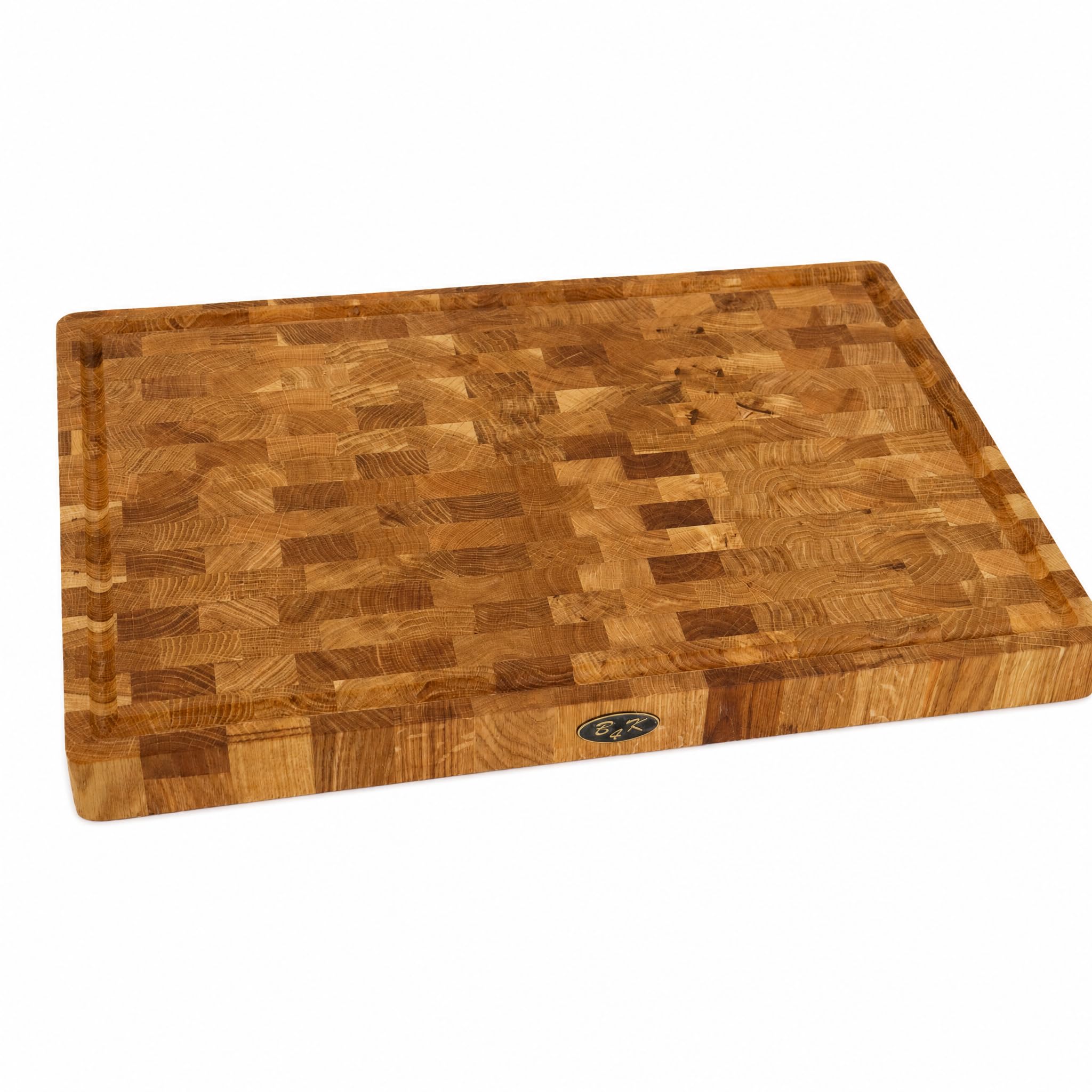 B4K® Planche à découper en chêne antibactérien - 50 × 35 × 4 cm - Bloc de hachage massif avec poignées, rainure à jus et pieds en silicone - Parfait pour la cuisine,