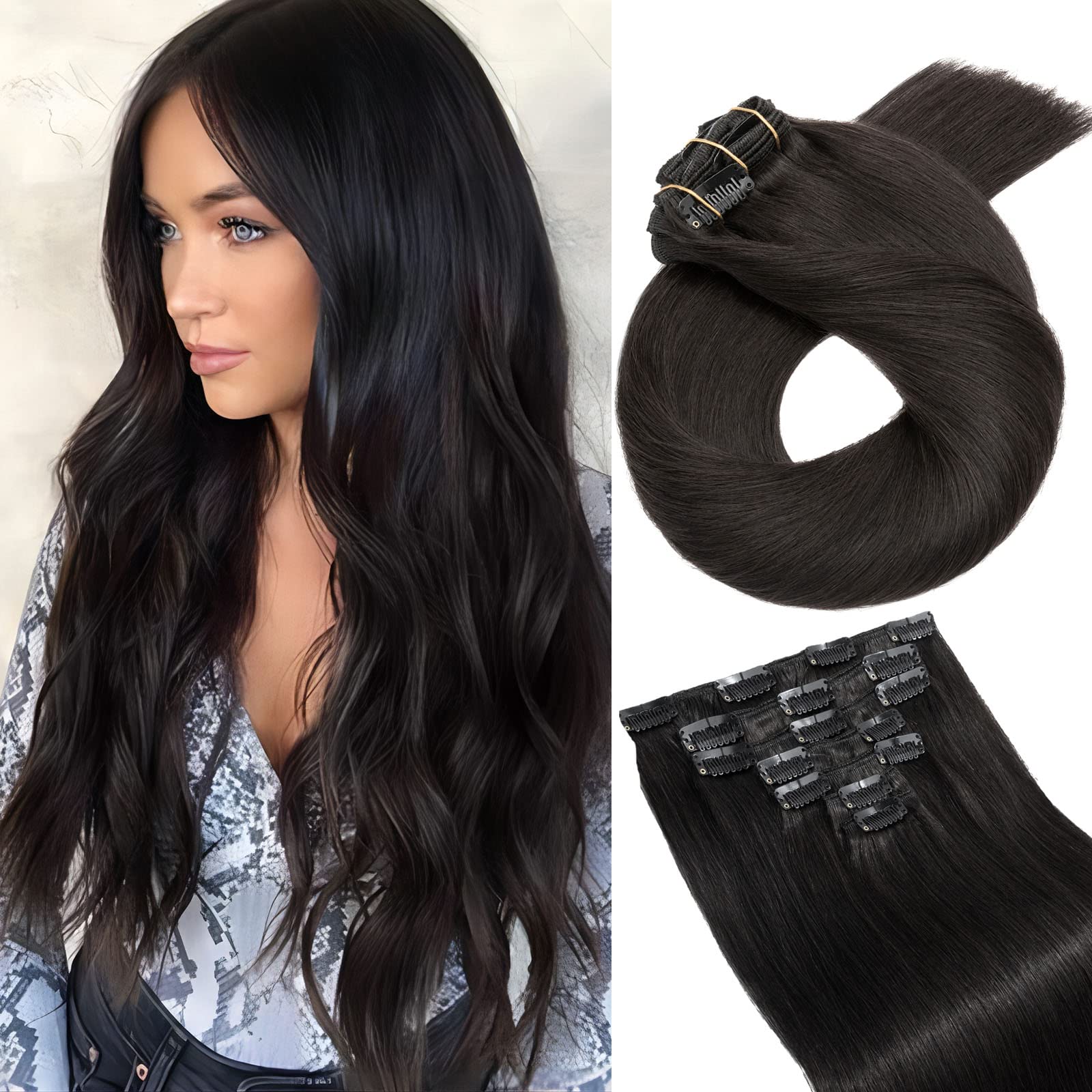TESS Hair Extensions Clip in Black 20 Inches, 7pcs Double Weft Clip in Hair Extensions Real Human Hair 125 g #1B Natural Black Human Hair Extensions