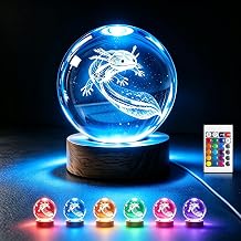 Ddlisu Axolotl 3D Crystal Lamp 8 cm with Remote Control - 16 Gradient Colours, Dimmable & Memory, Wood Base - Children's Room / Office Decoration, Birthday Gift Idea
