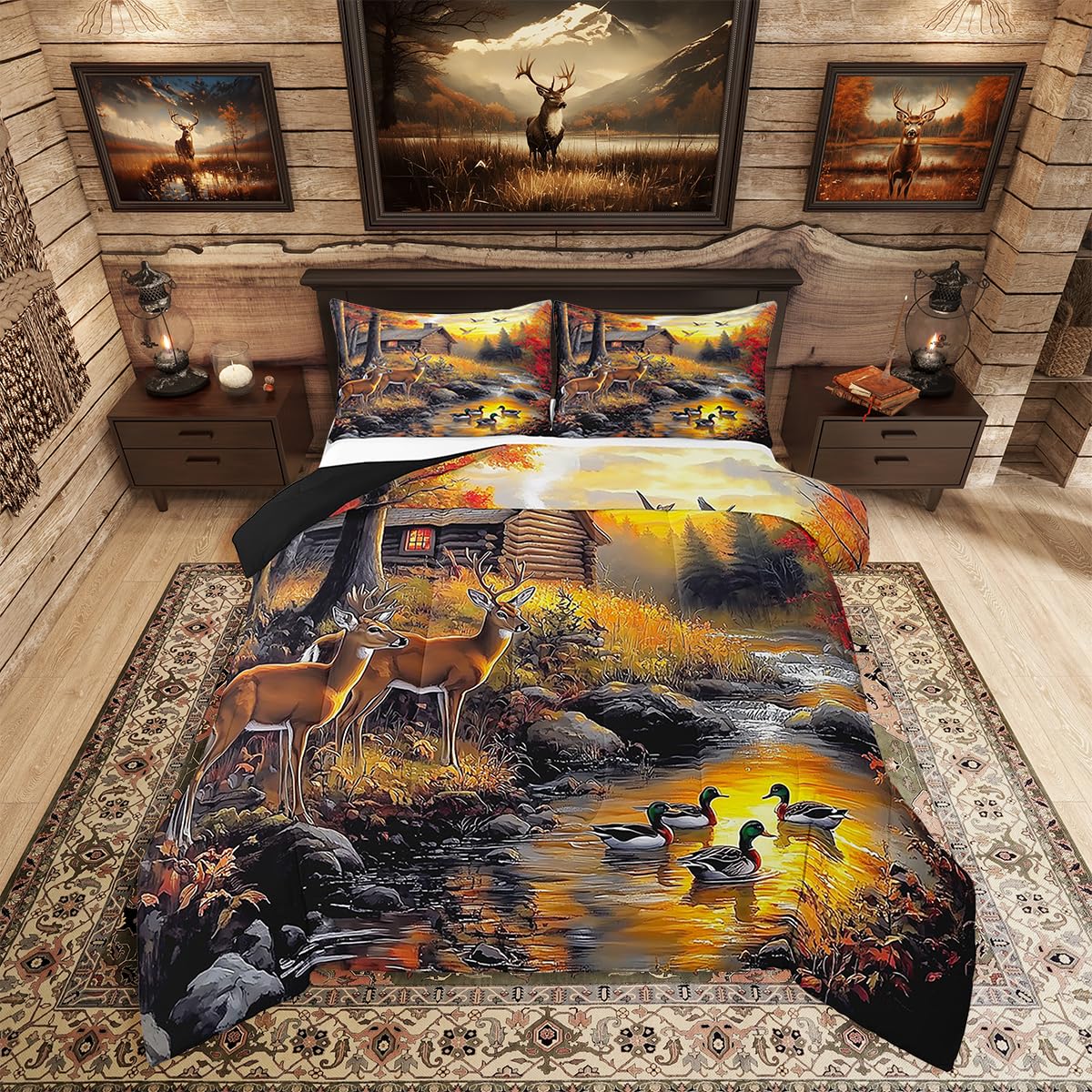 Rustic Deer Bedding Set for Boys Teens,Farmhosue Country Cabin Duck Comforter Set Woodland Camouflage Hunting Lodge Down Comforter with 2 Pillowcases Full,Western Forest Animals Duvet Set