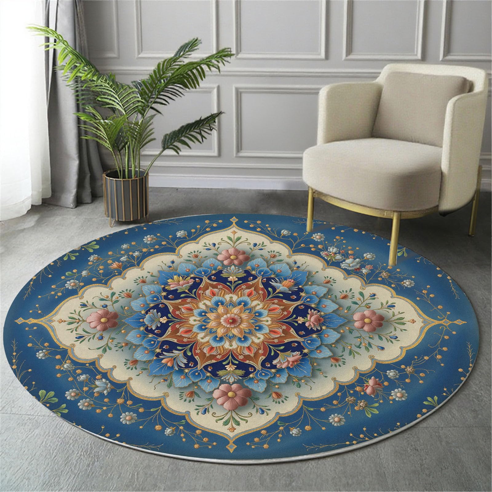 Tapis de chambre lavable rond bleu marine 60 cm avec de magnifiques plantes imprimées