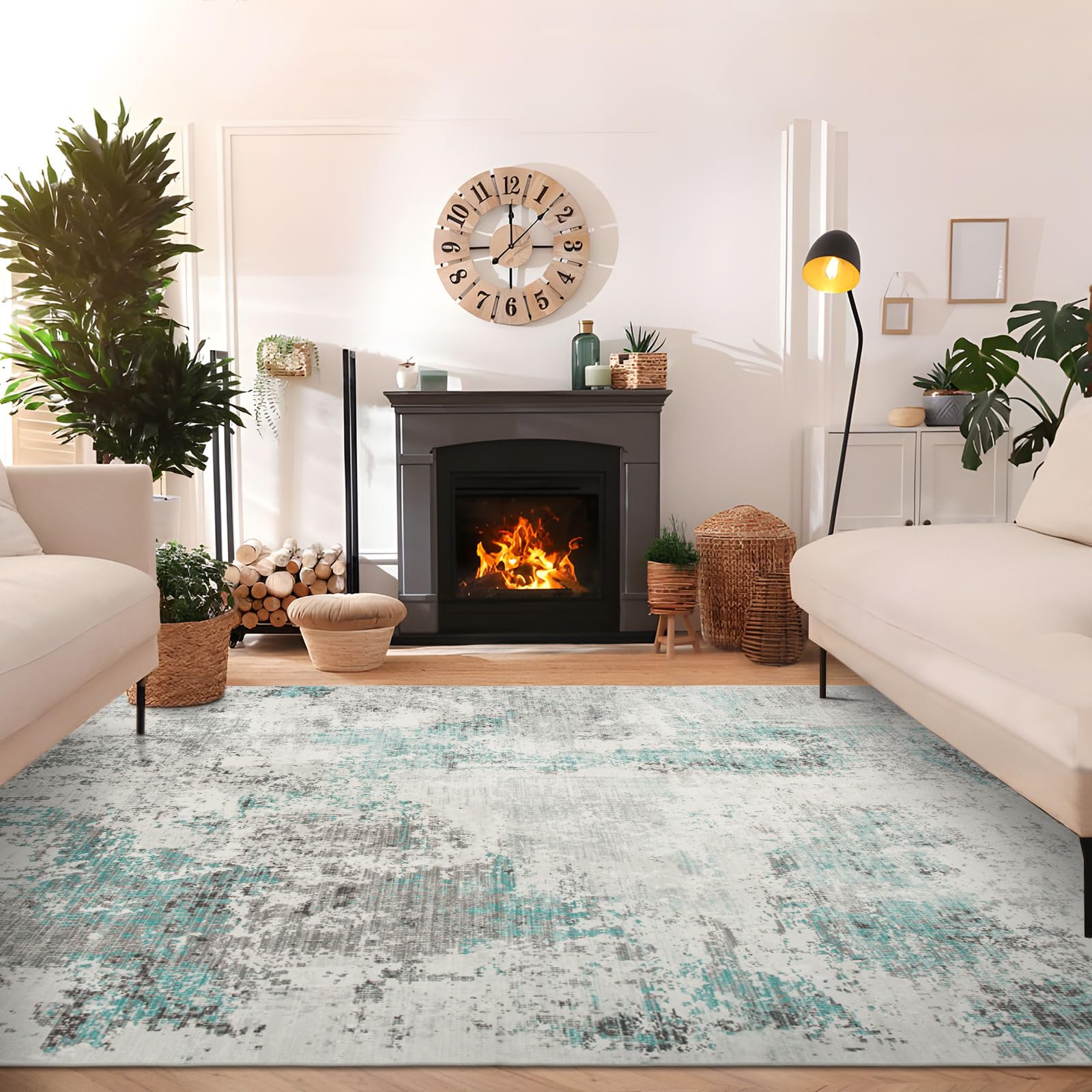 Alfombra de salón, alfombra lavable de pelo corto, alfombra moderna para dormitorio, cocina, comedor, alfombra verde con estampado gris, grande: 190 x 280 cm