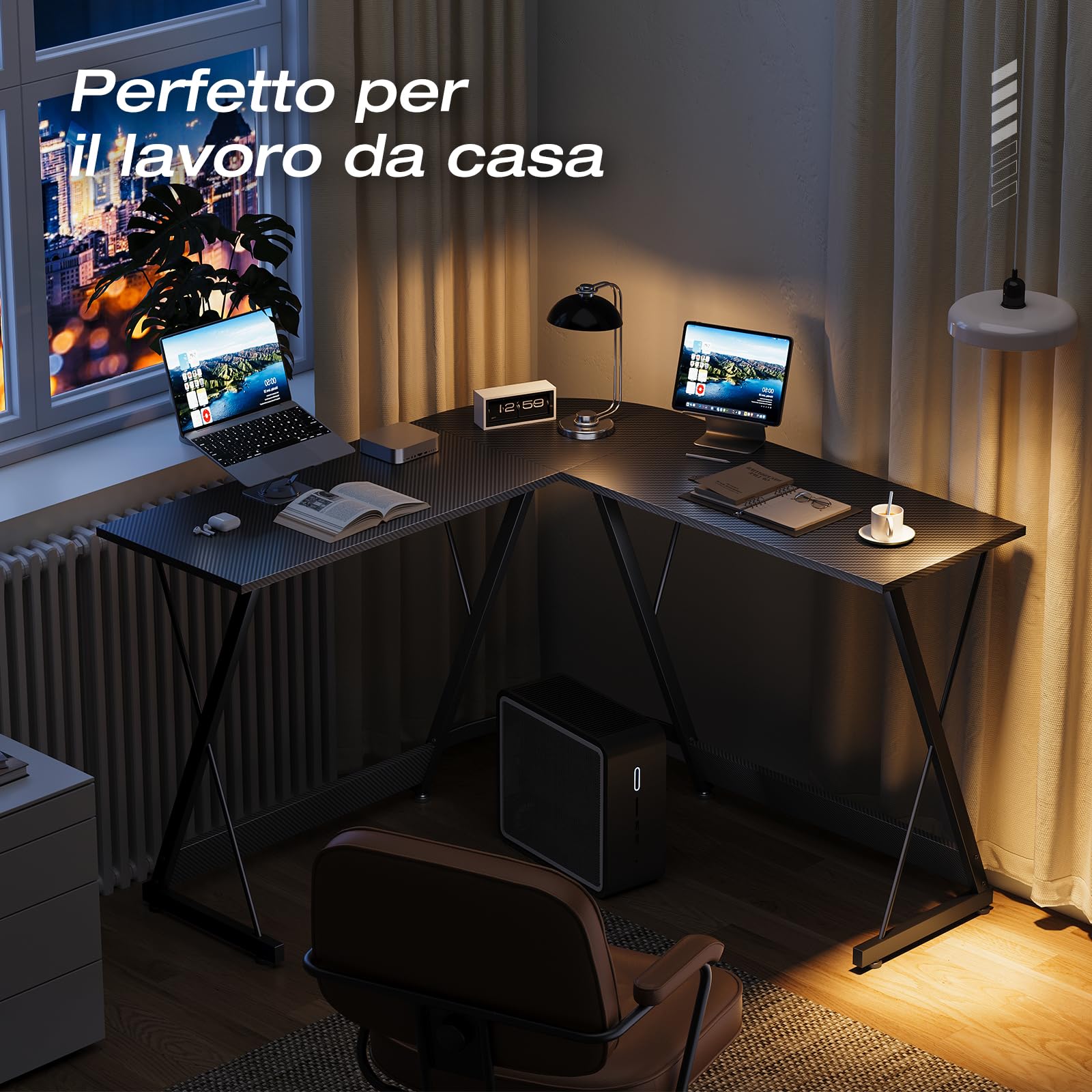 ODK Scrivania Gaming, 120 x 120 cm Scrivania ad Angolo, Tavolo Gaming stabile ed economico per giochi, ufficio a casa e studio, Fibra di carbonio nera