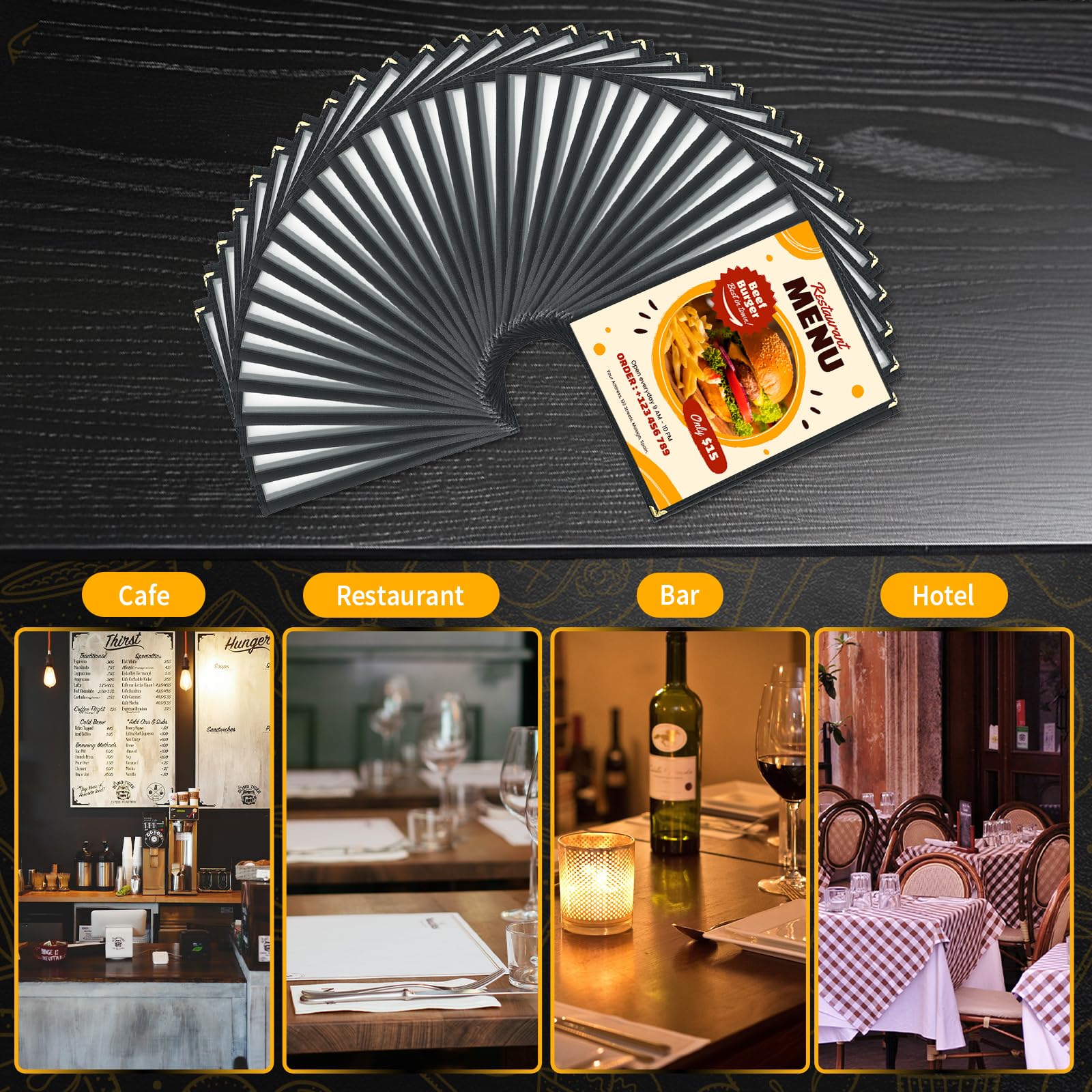 Cubiertas de menú de 8.5 x 11 pulgadas, paquete de 30 fundas transparentes para menú de restaurante para cocina, bebida, vino y menú, color negro (8.5 x 11 pulgadas (3 páginas, 6 vistas))