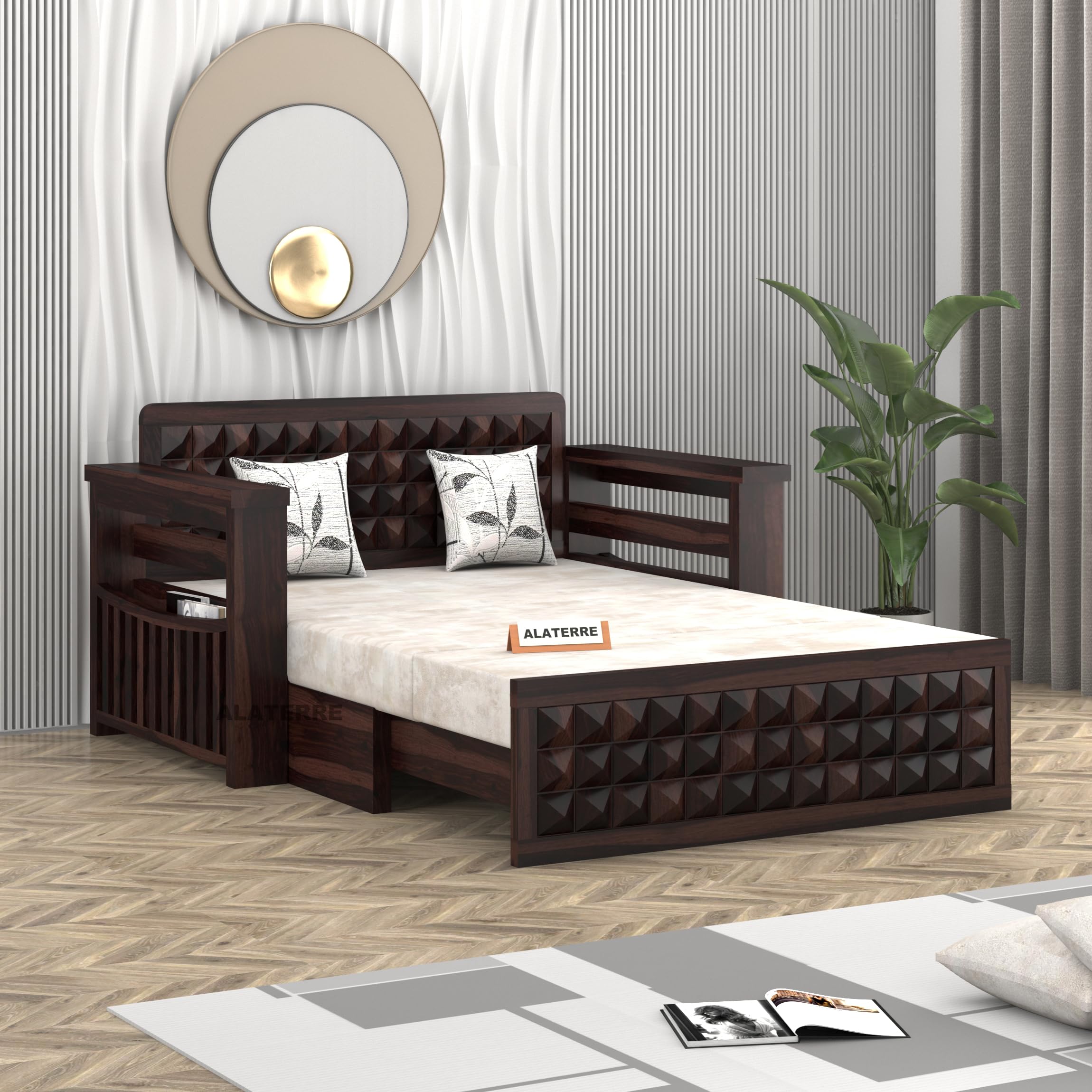 Sofa Cum Bed for Living Room || Sheesham Wood 2 Seater Sofa Cum Bed for Home || Wooden Sofa Cum Bed with Storage || Comfort Dubole Bed Folding Armrest (Rosewood Sofa 2 Seater, Walnut Finish)-image-48