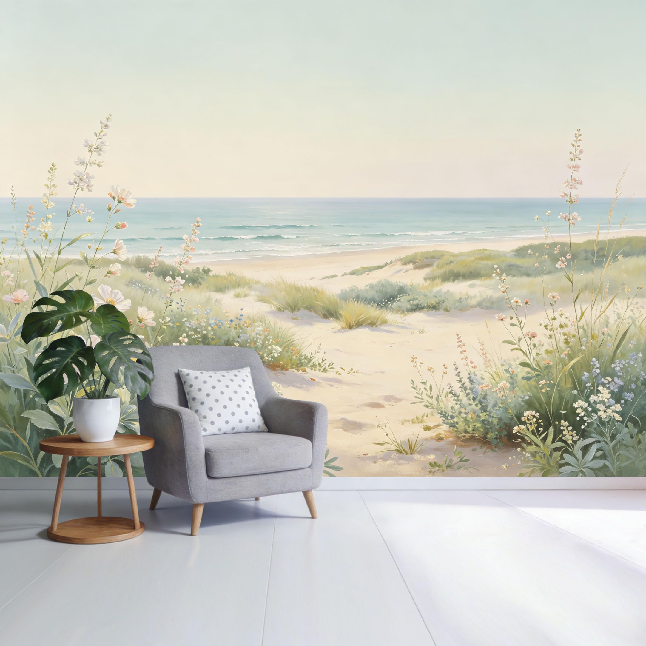 Custom Size Wall Mural Coastal Beach Landscape Ocean View with Wildflowers and Sand Dunes SelfAdhesive Wall Fabric Removable Wallpaper for Home Office Decor
