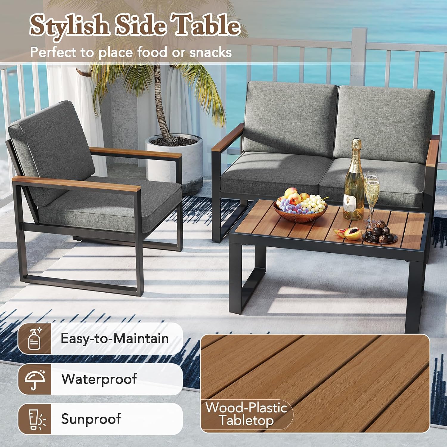 Tangkula 4 Piece Patio Aluminum Furniture Set, Outdoor Conversation Set Wood-Plastic Armrests & Tabletop, Modern Cushioned Sectional Sofa Set for Balcony, Backyard (Gray)