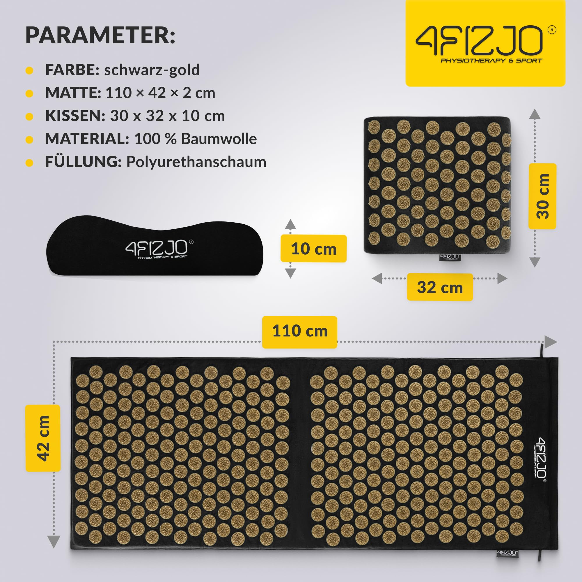 4FIZJO Akupressurmatte & Kissen ERGO XL, 110x42x2 cm, mit Tragetasche, Polyurethanschaum, Hypoallergen, 9475 Stacheln, Massagematte für bessere Durchblutung, Muskeln Entspannung, Schwarz und Gold