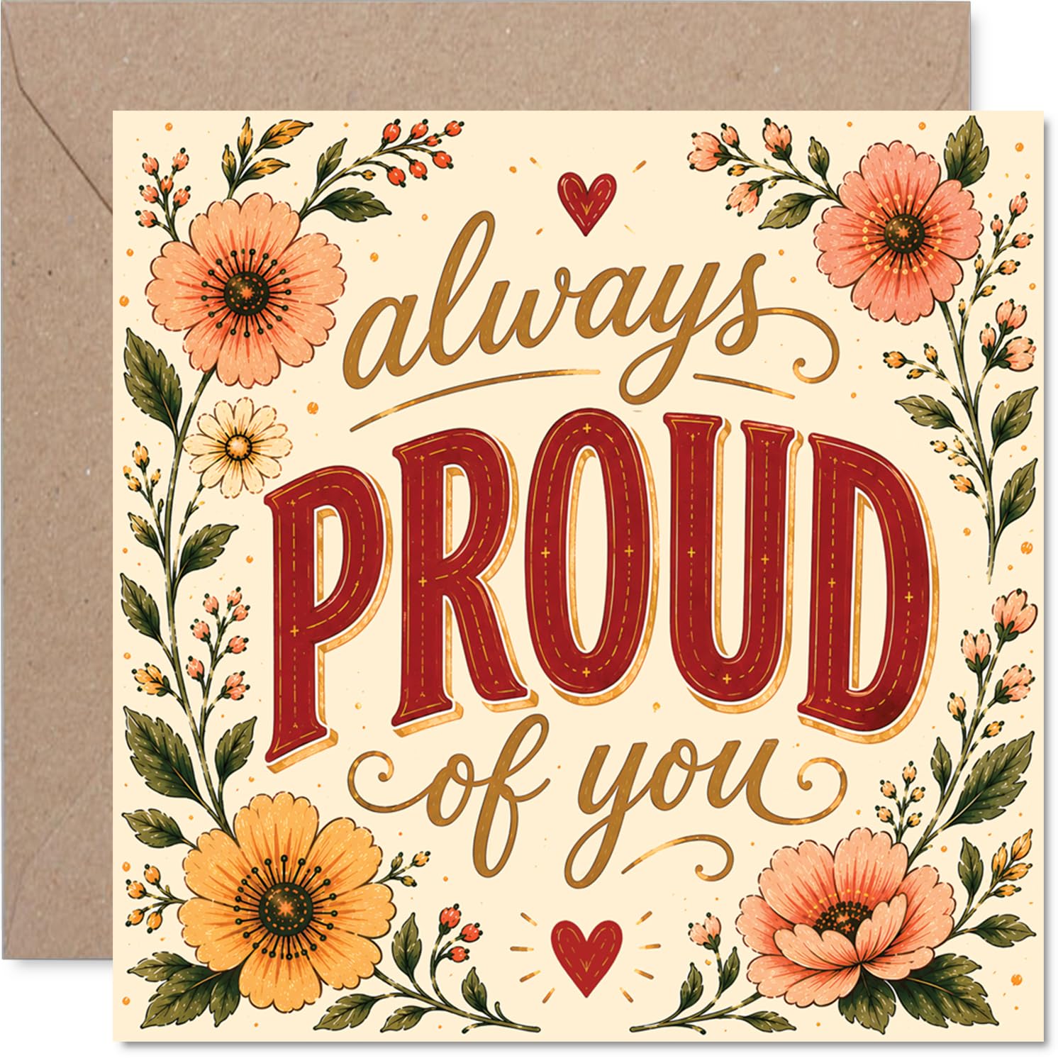 Proud Congratulations Card - Warm Wishes and Heartfelt Praise - Vintage Floral Design with Bold 'Always PROUD of You' Lettering - 145mm Square, Envelope Included